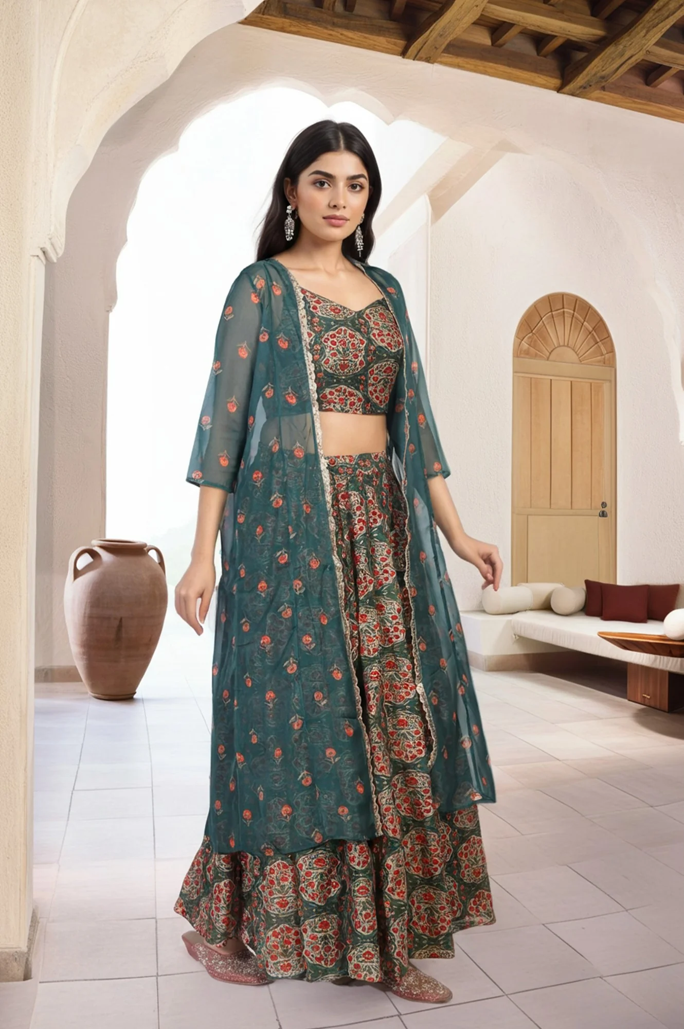 Green Floral Printed Lace Trim Organza Top with Skirt and Gillet Set - Image 4