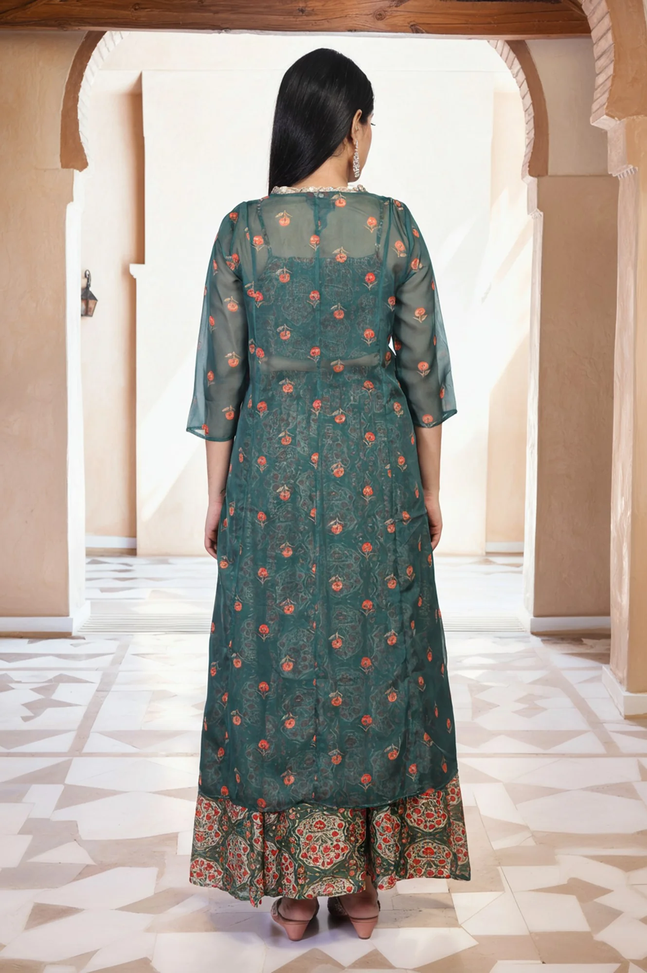 Green Floral Printed Lace Trim Organza Top with Skirt and Gillet Set - Image 5