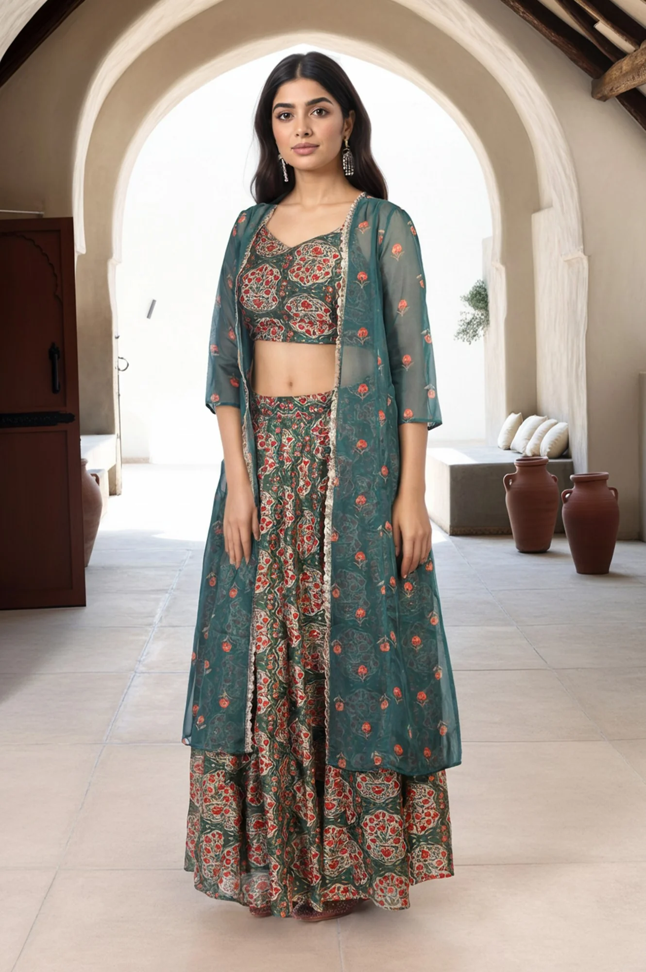 Green Floral Printed Lace Trim Organza Top with Skirt and Gillet Set - Image 6