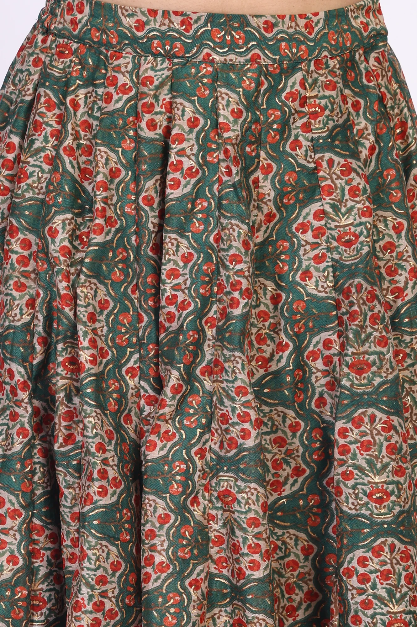 Green Floral Printed Lace Trim Organza Top with Skirt and Gillet Set - Image 7