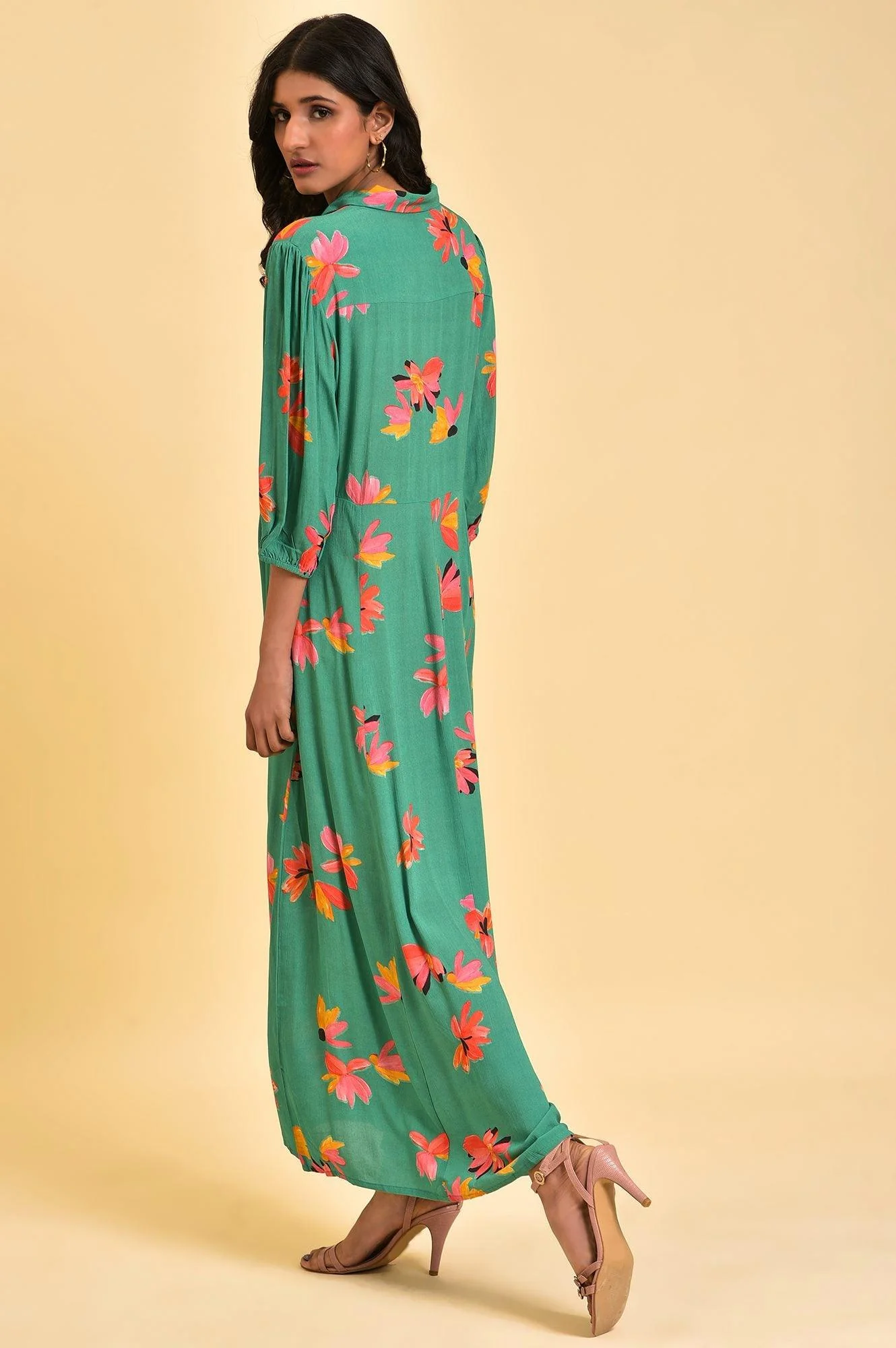 Green Floral Printed Long Shirt Dress - Image 2