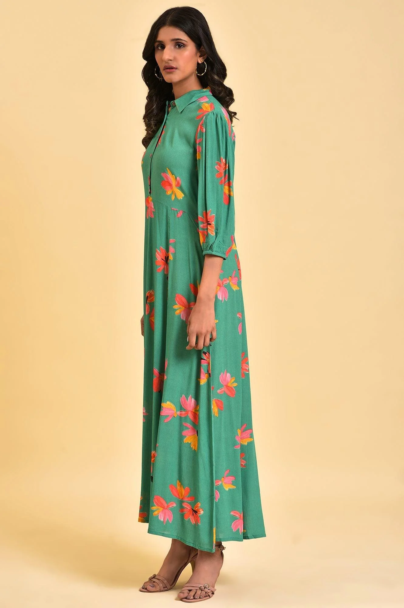 Green Floral Printed Long Shirt Dress - Image 3