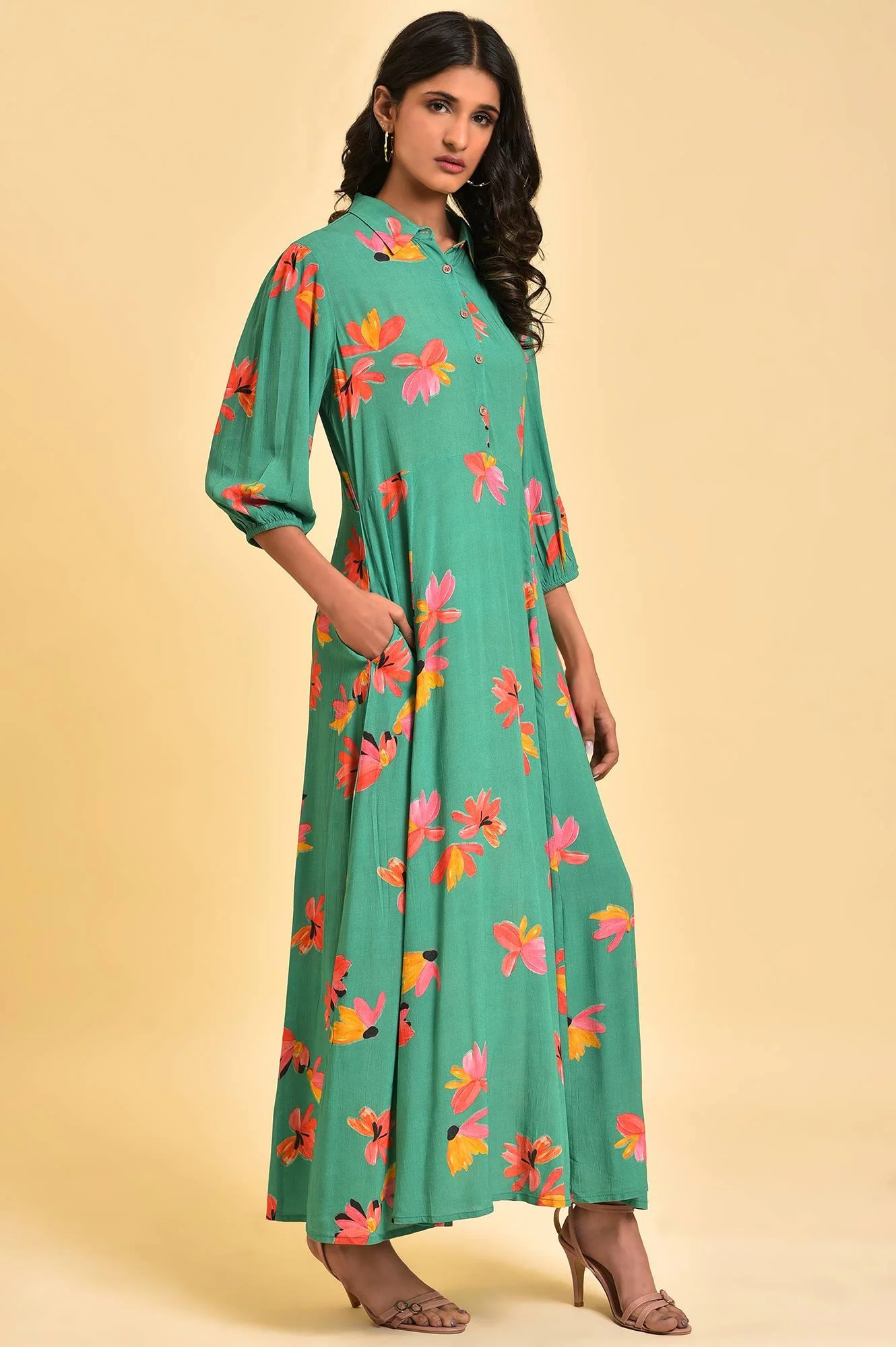 Green Floral Printed Long Shirt Dress - Image 4