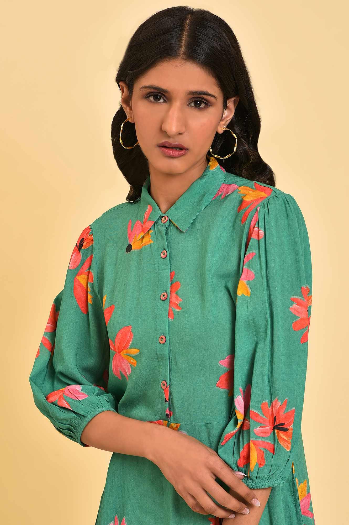 Green Floral Printed Long Shirt Dress - Image 5
