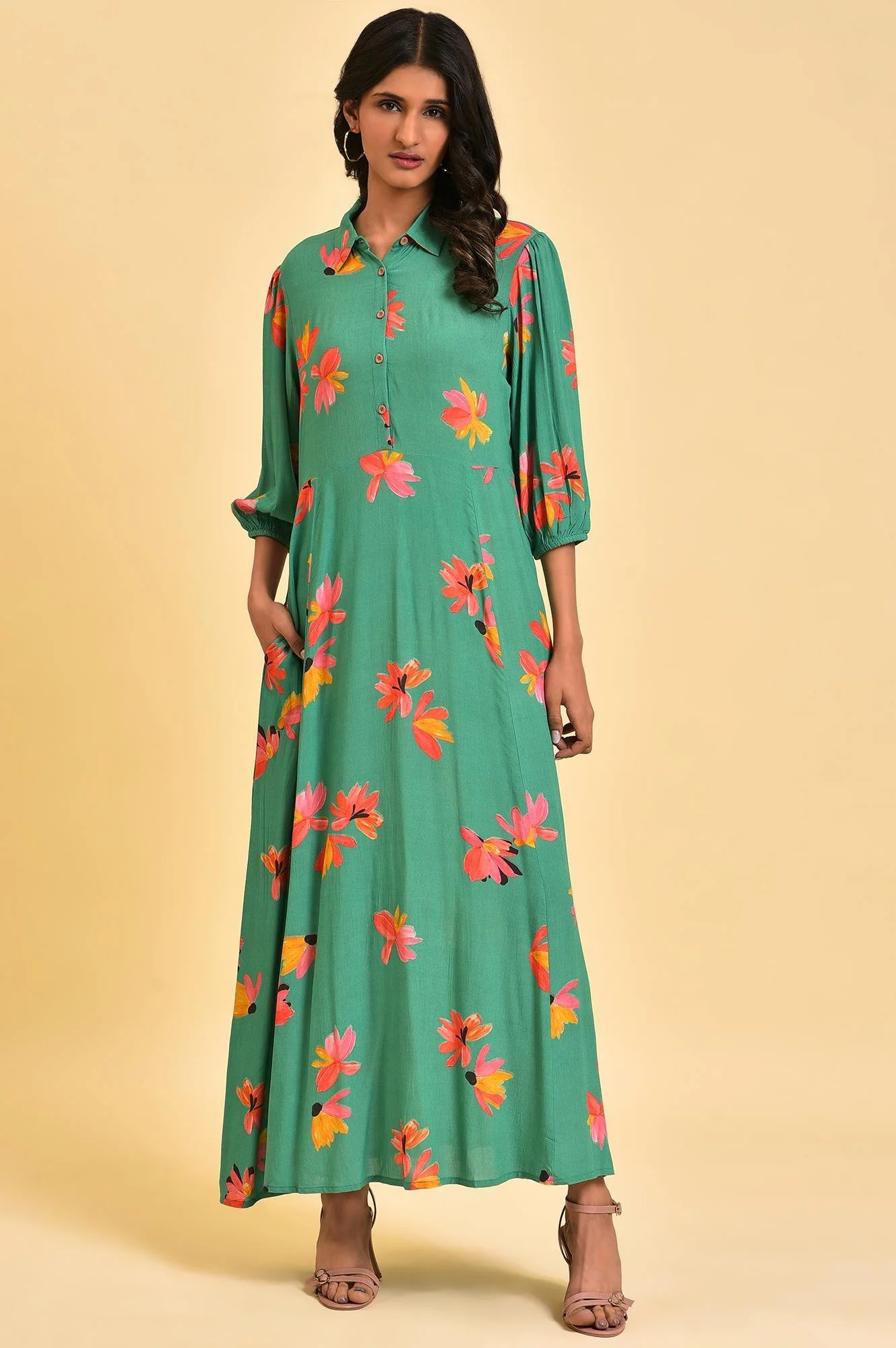 Green Floral Printed Long Shirt Dress - Image 6
