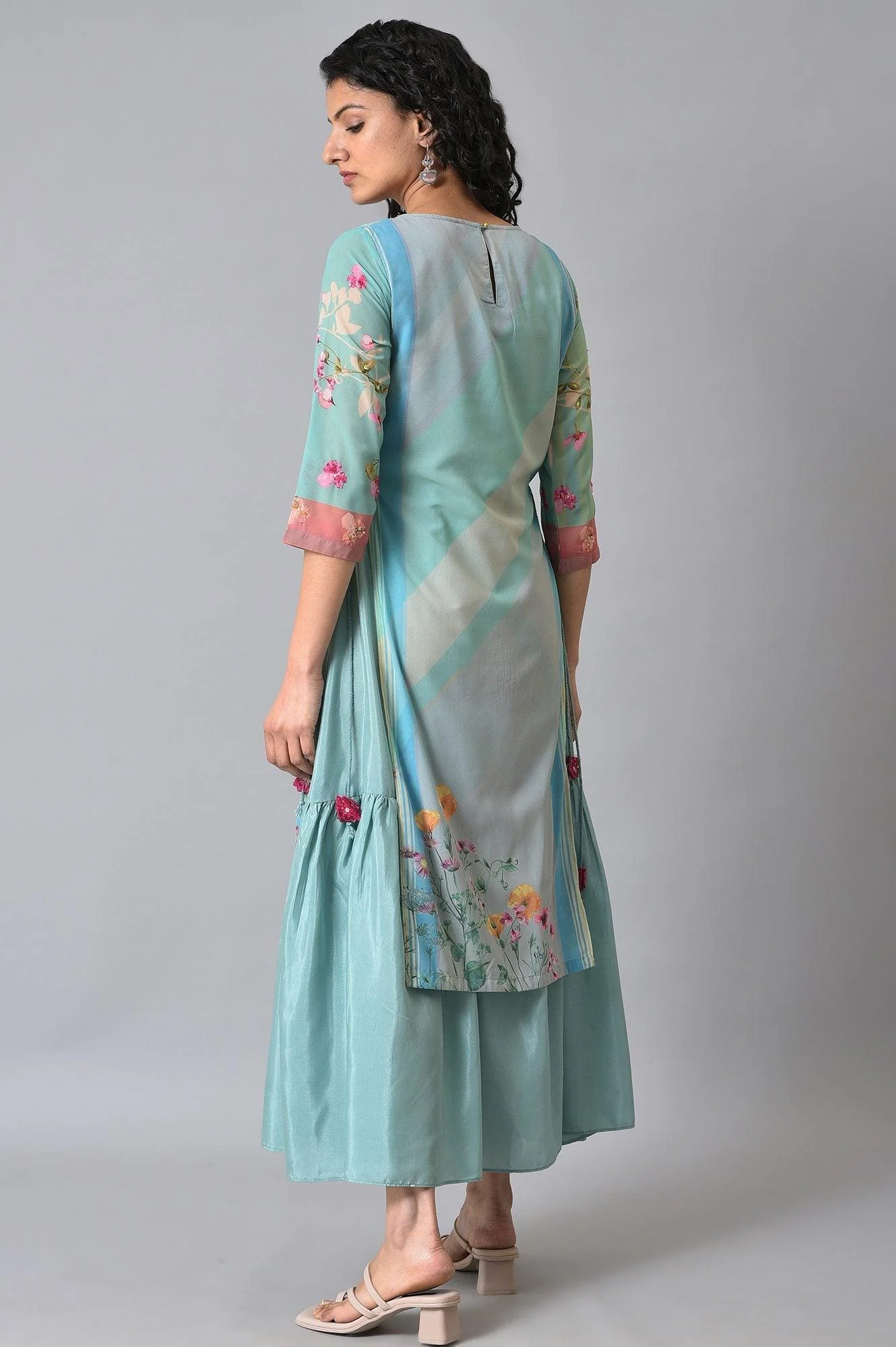 Green Floral Printed Mock Layer Summer Dress - Image 2