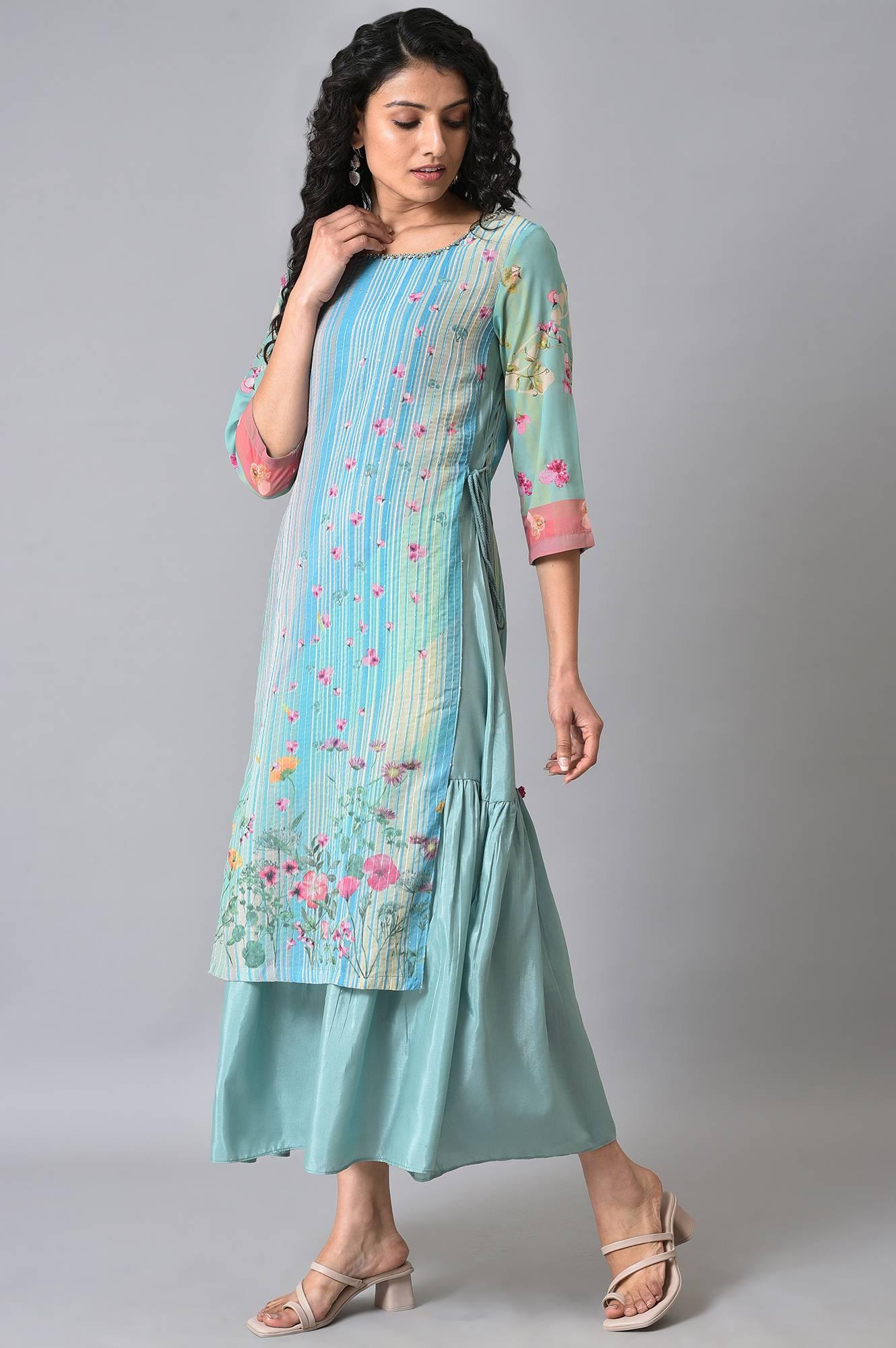 Green Floral Printed Mock Layer Summer Dress - Image 3