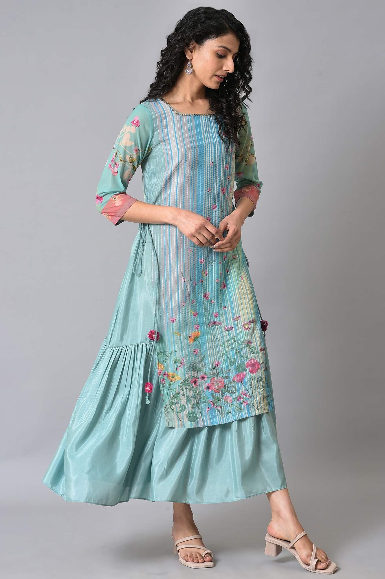 Green Floral Printed Mock Layer Summer Dress - Image 4