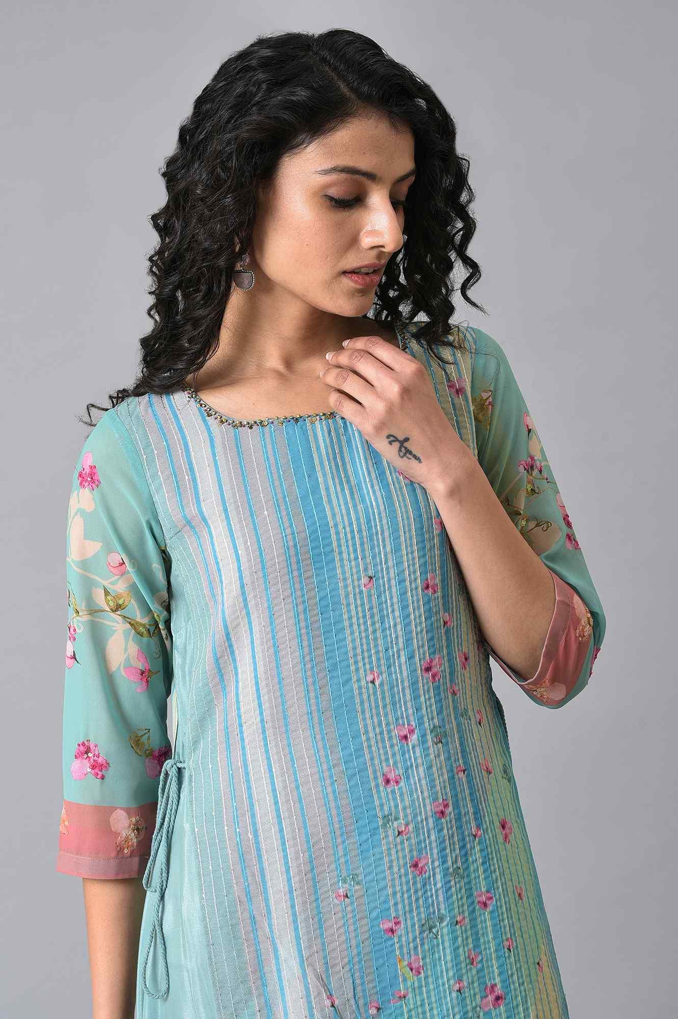 Green Floral Printed Mock Layer Summer Dress - Image 5