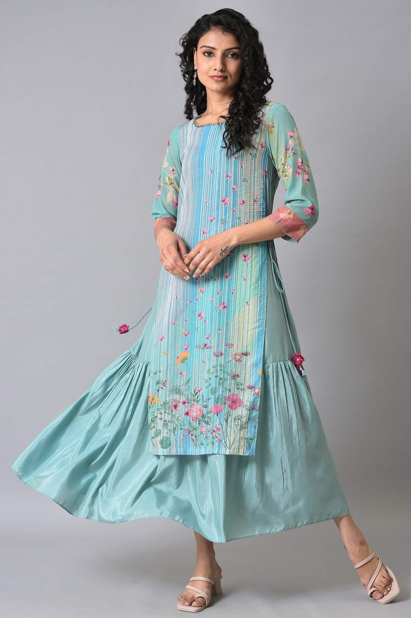 Green Floral Printed Mock Layer Summer Dress - Image 6
