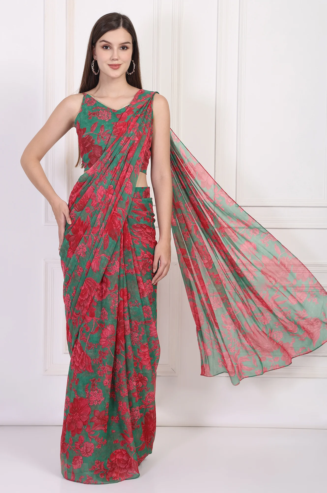 Green Floral Printed Pre-Draped Georgette Saree with Blouse
