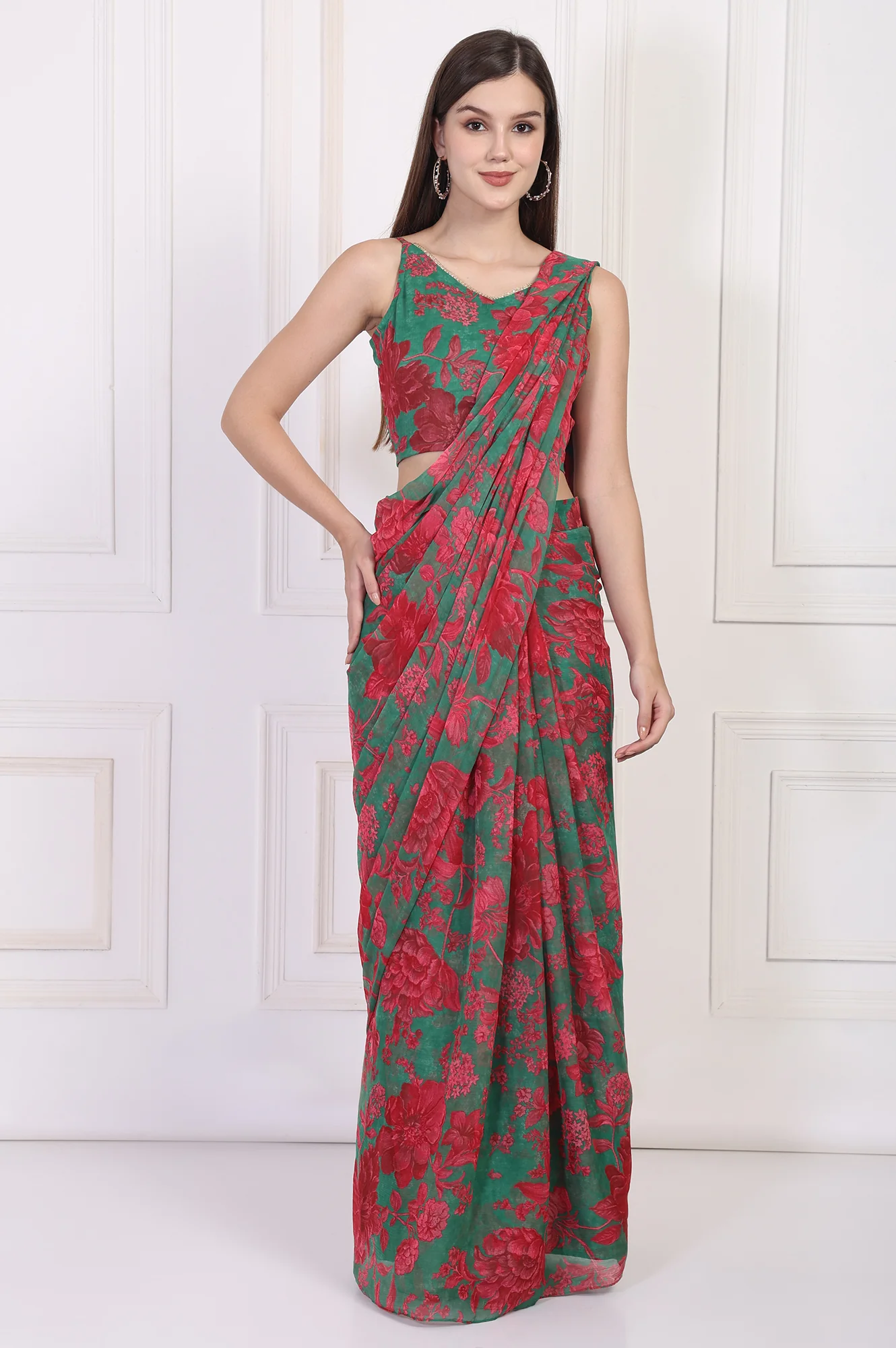 Green Floral Printed Pre-Draped Georgette Saree with Blouse - Image 2