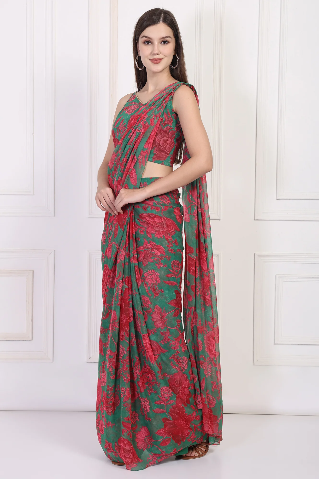 Green Floral Printed Pre-Draped Georgette Saree with Blouse - Image 4