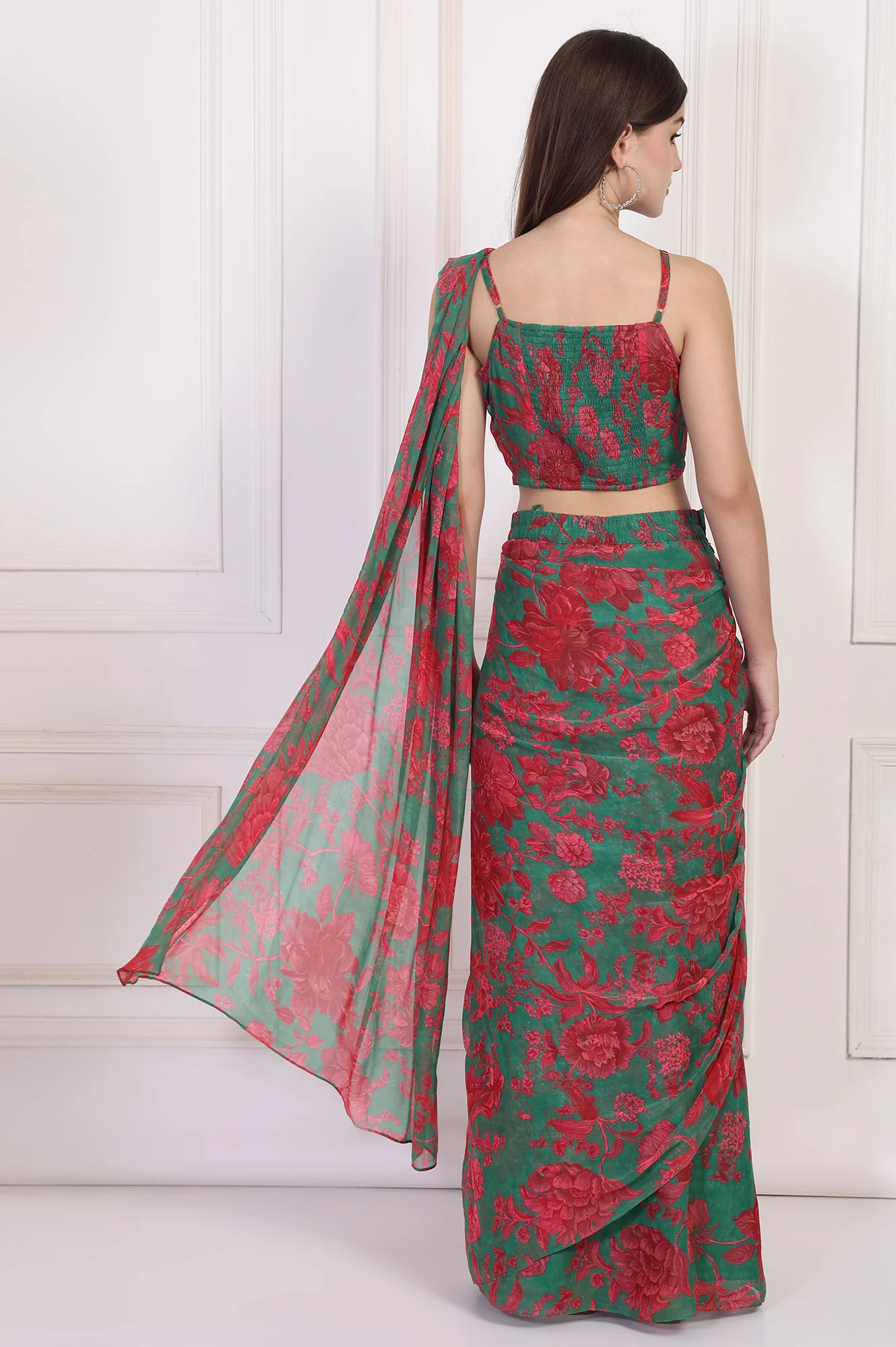 Green Floral Printed Pre-Draped Georgette Saree with Blouse - Image 5