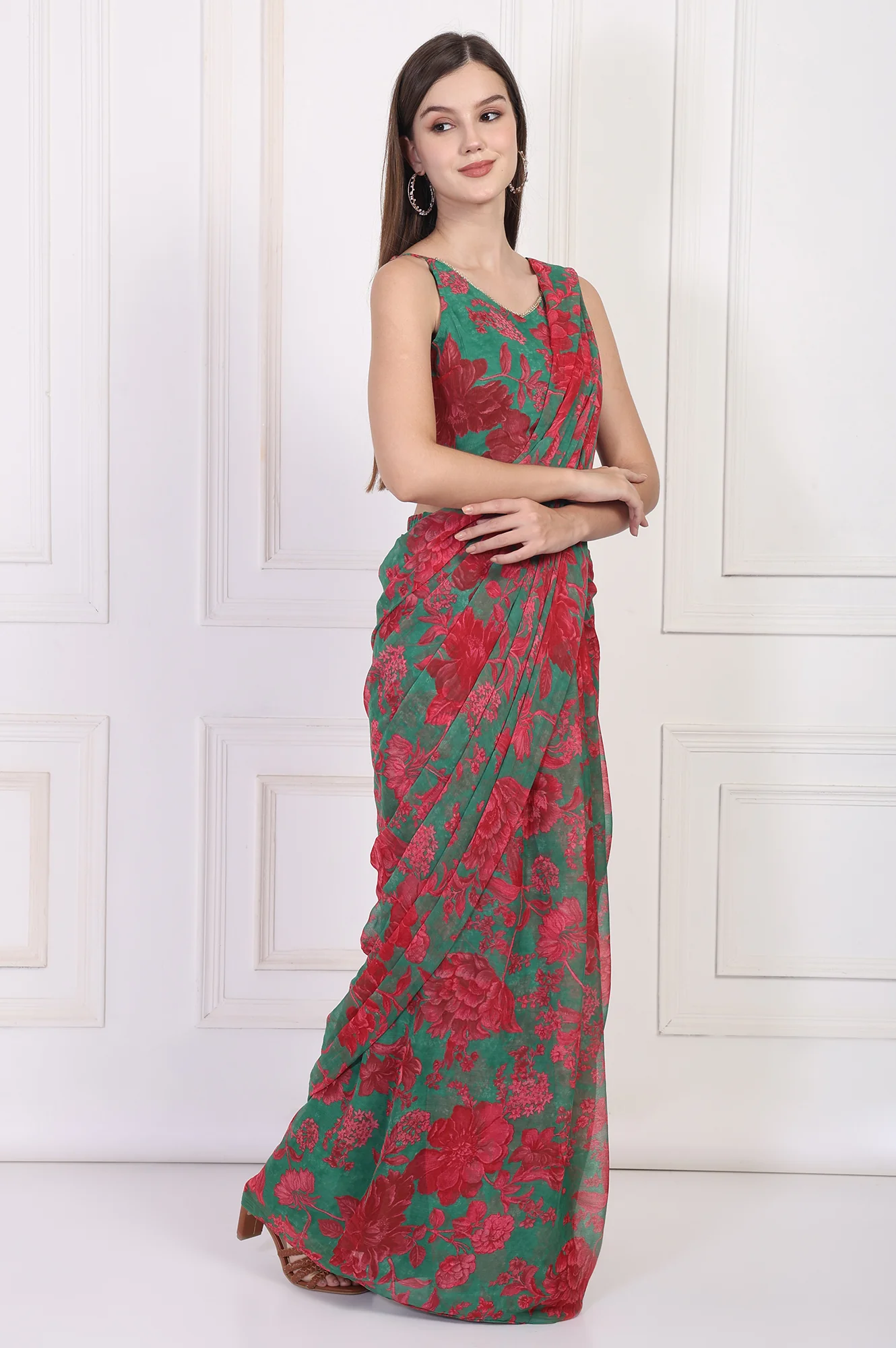 Green Floral Printed Pre-Draped Georgette Saree with Blouse - Image 6