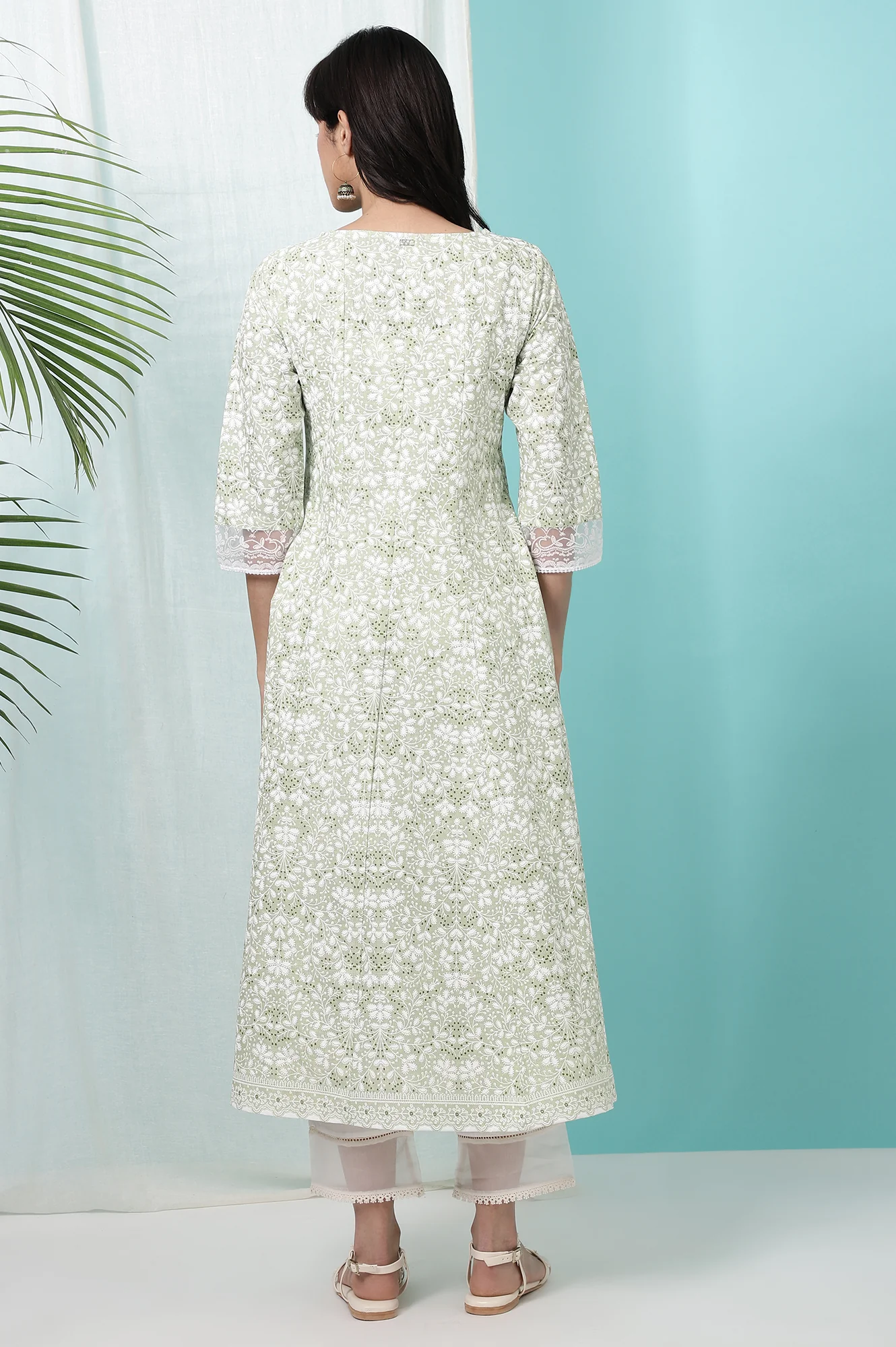 Green Floral Printed Pure Cotton Anarkali Kurta - Image 6