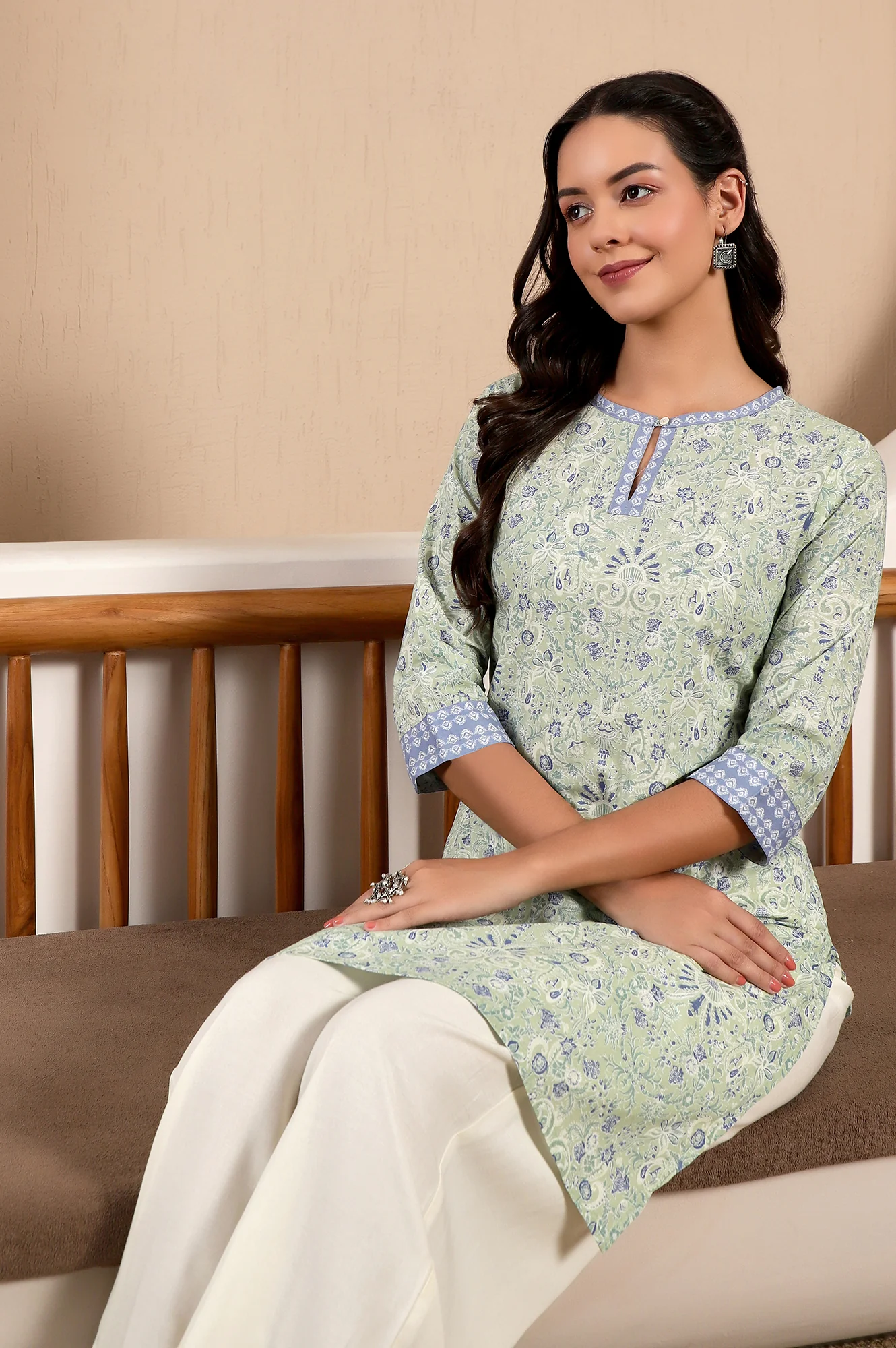 Green Floral Printed Pure Cotton Straight Kurta with Lace on Neck - Image 2