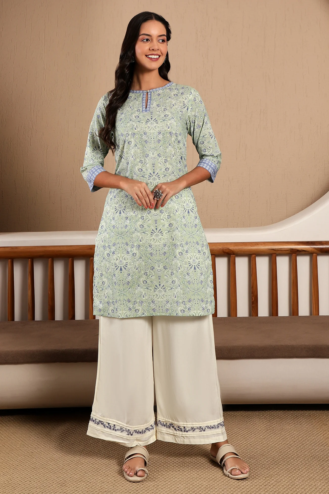 Green Floral Printed Pure Cotton Straight Kurta with Lace on Neck - Image 3