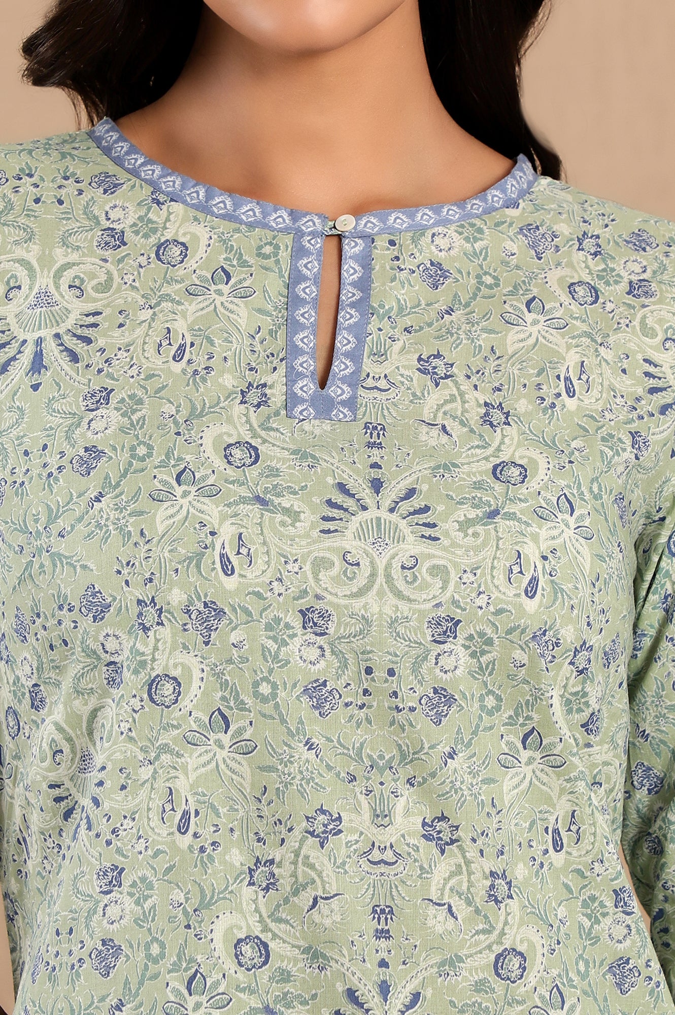 Green Floral Printed Pure Cotton Straight Kurta with Lace on Neck - Image 4
