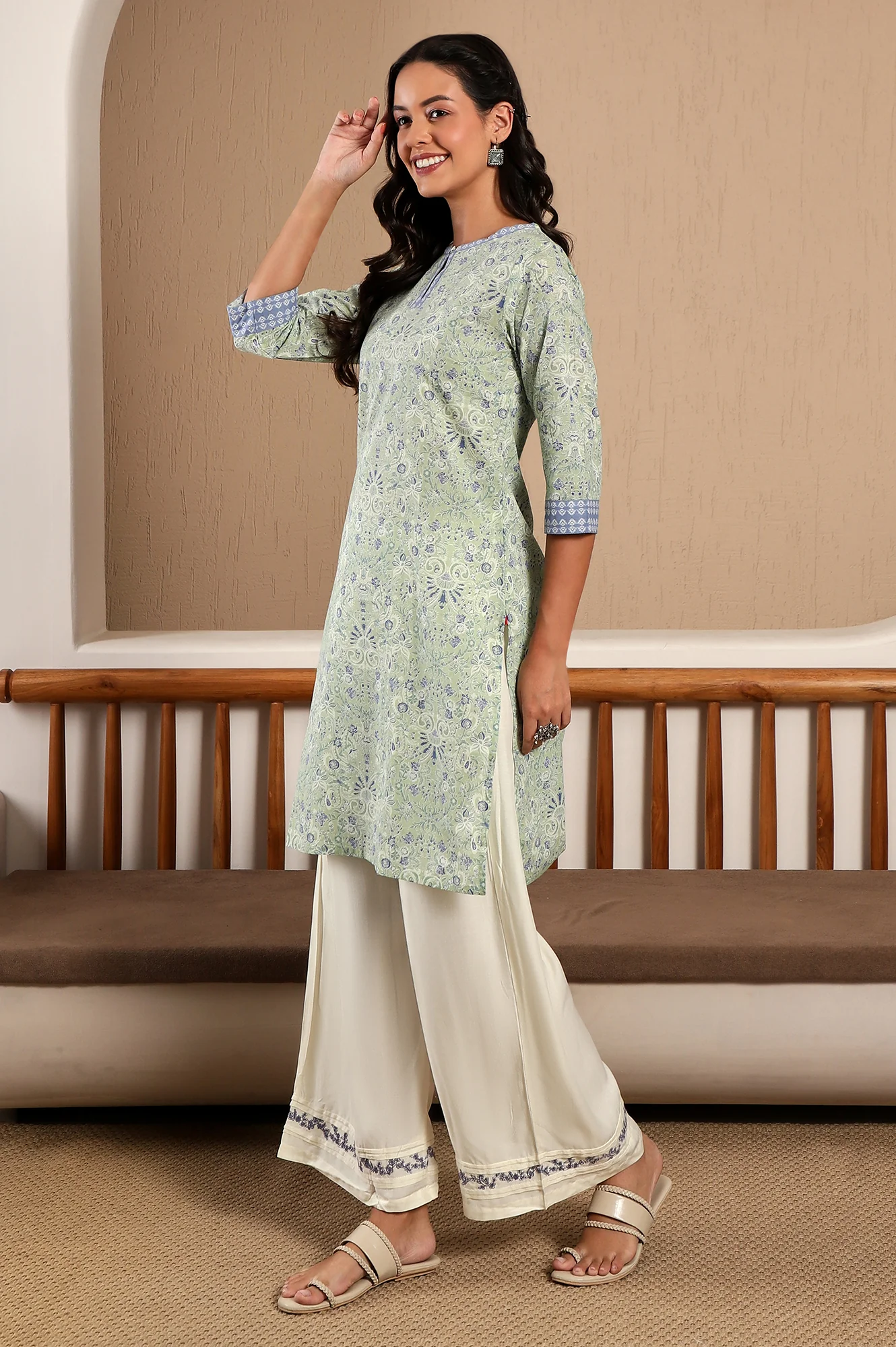 Green Floral Printed Pure Cotton Straight Kurta with Lace on Neck - Image 5