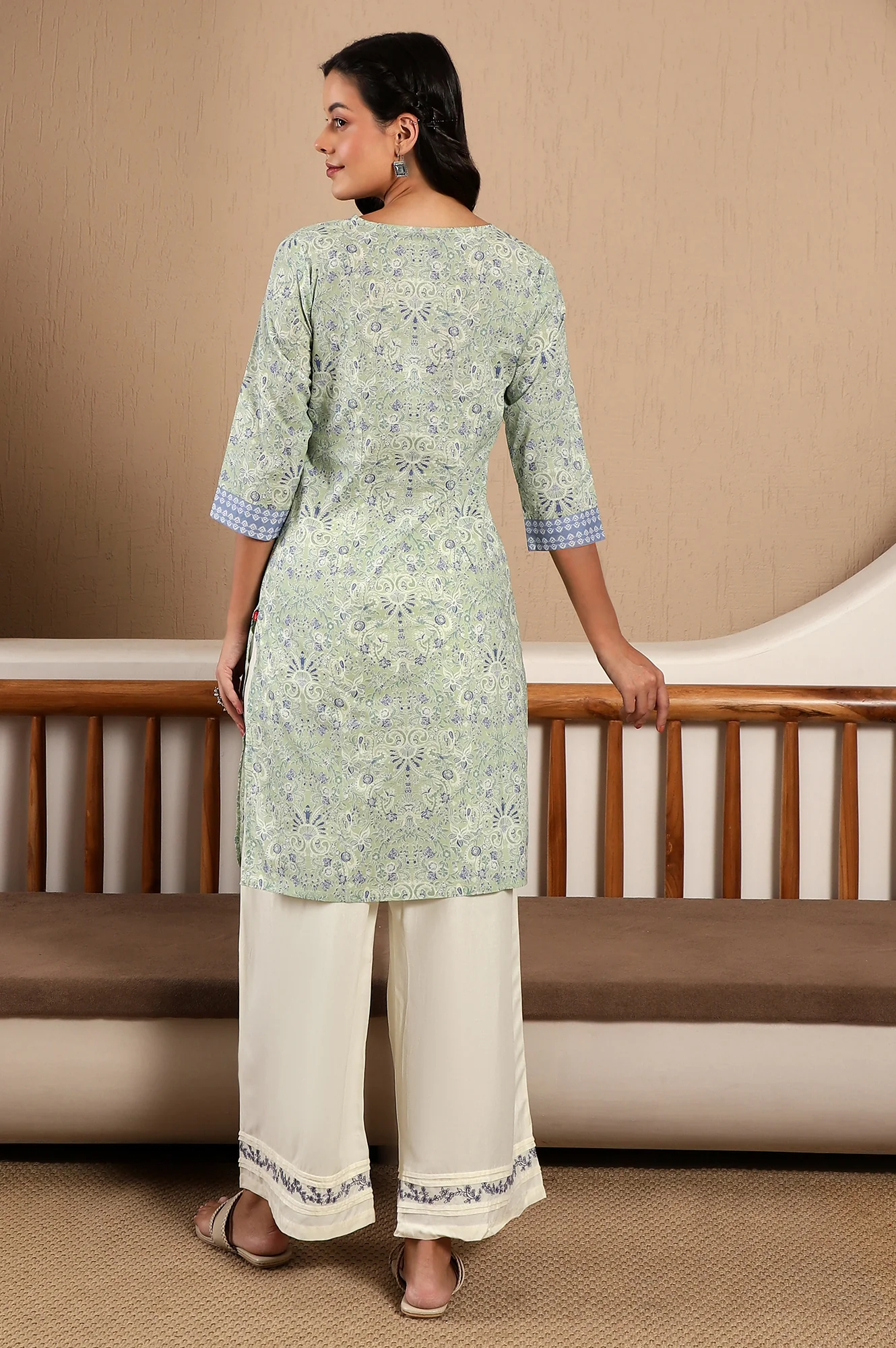 Green Floral Printed Pure Cotton Straight Kurta with Lace on Neck - Image 6