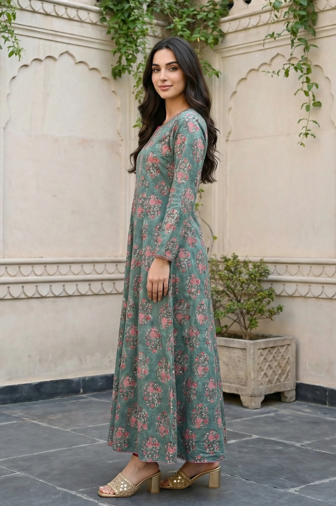 Green Floral Printed Satin Anarkali Kurta with Straight Pant and Dupatta Set - Image 2