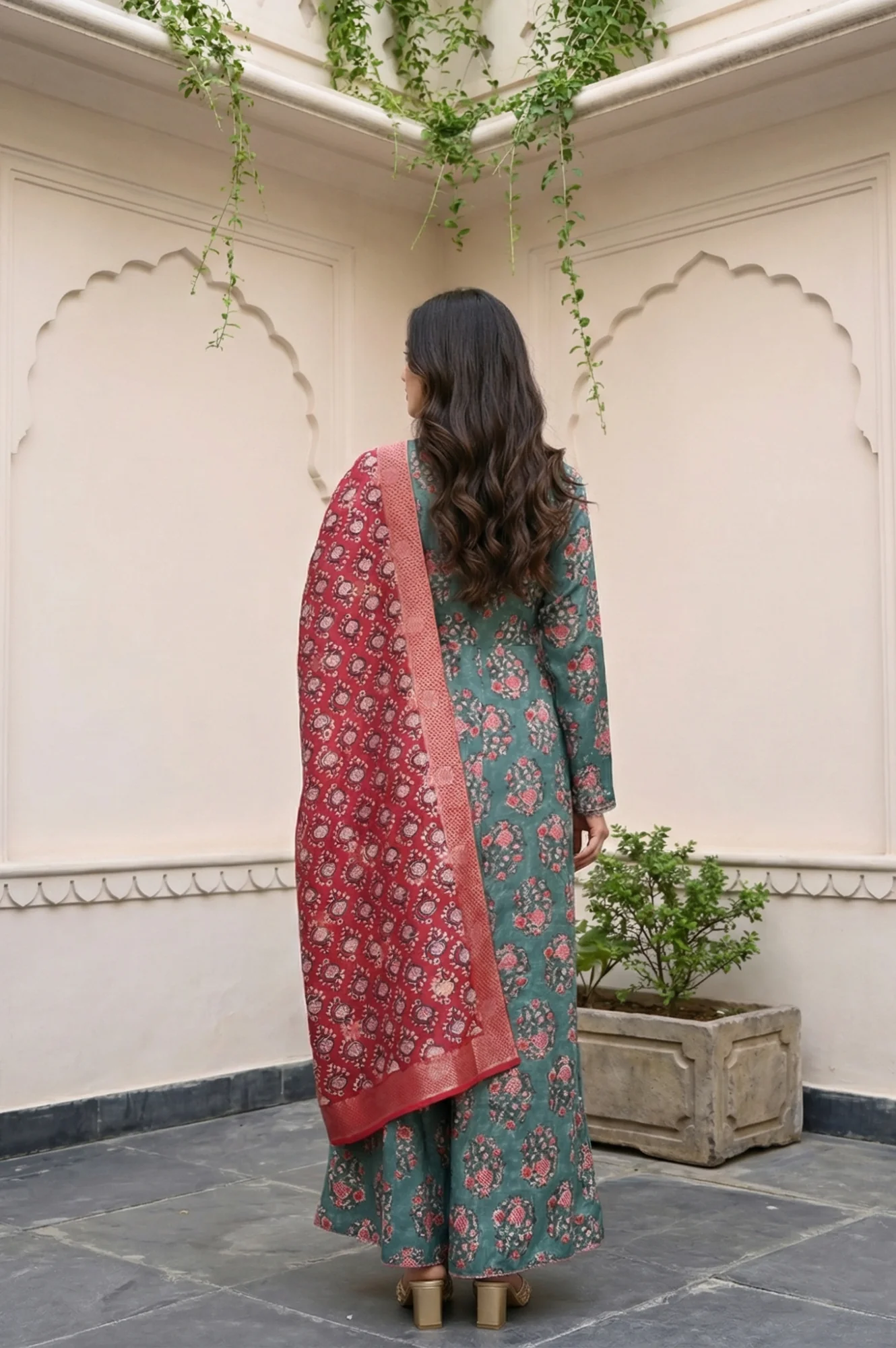 Green Floral Printed Satin Anarkali Kurta with Straight Pant and Dupatta Set - Image 3