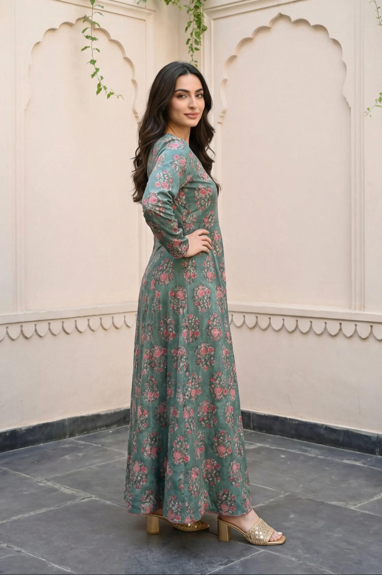 Green Floral Printed Satin Anarkali Kurta with Straight Pant and Dupatta Set - Image 4