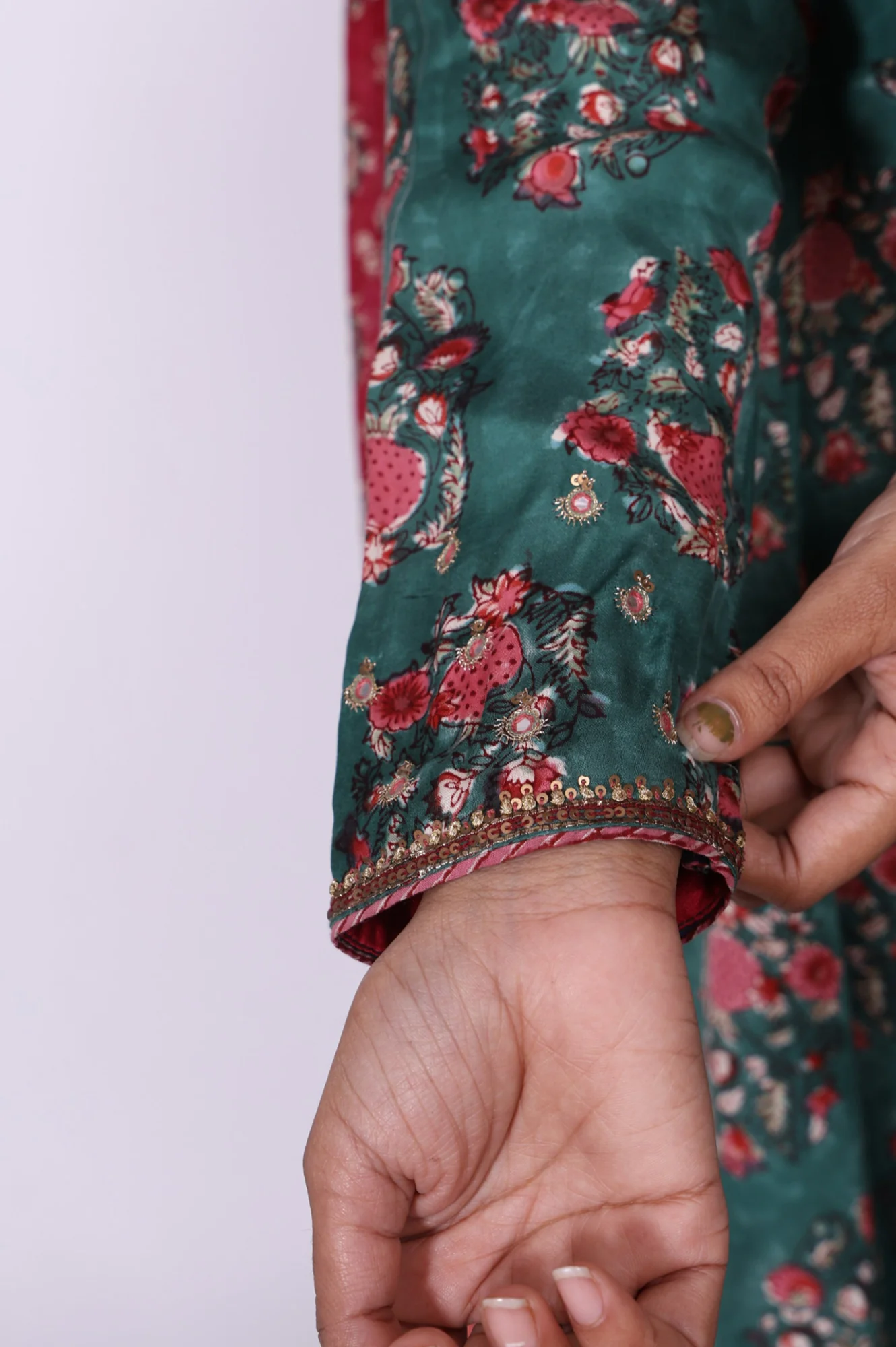 Green Floral Printed Satin Anarkali Kurta with Straight Pant and Dupatta Set - Image 5