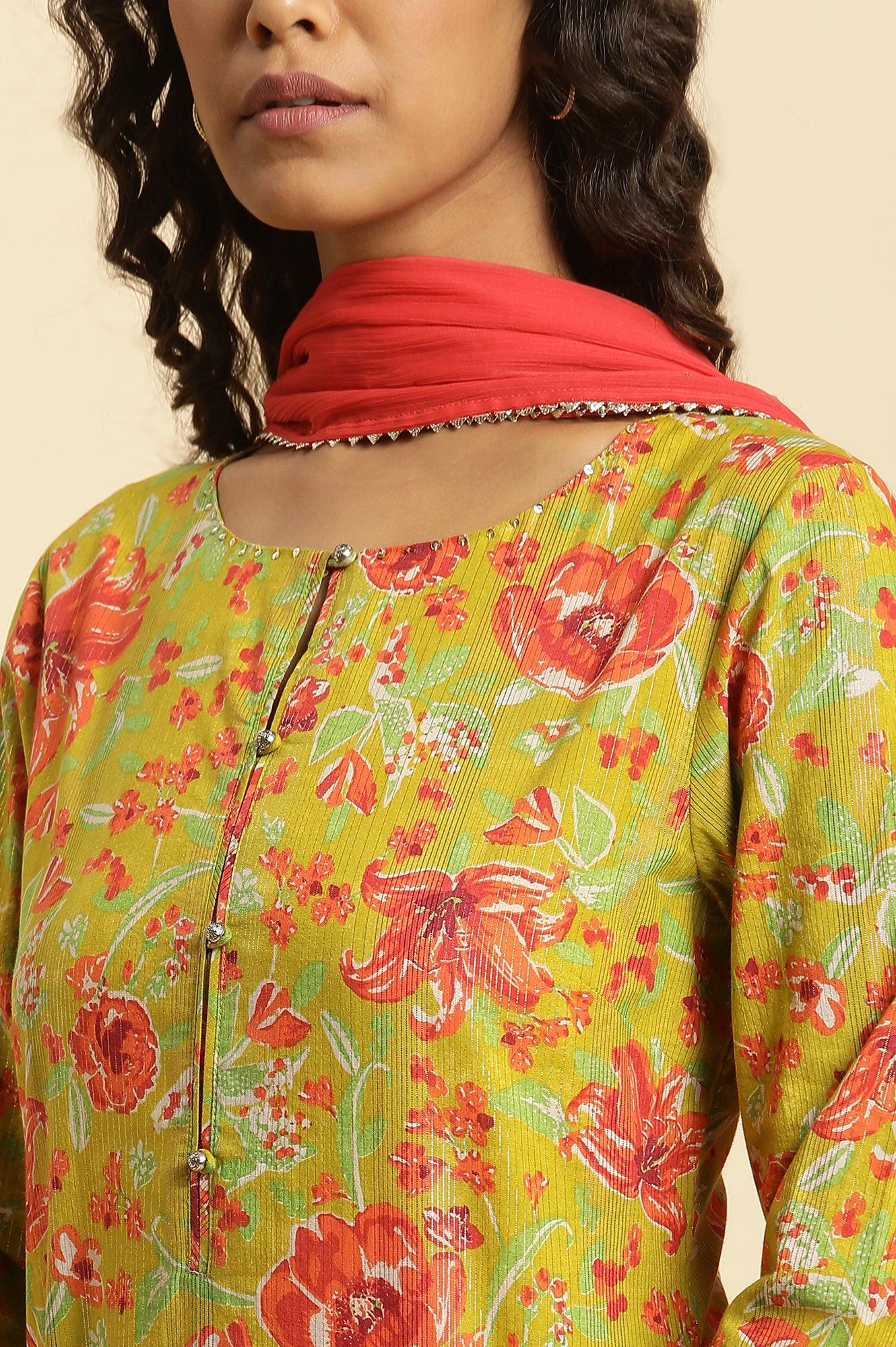 Green Floral Printed Short Kurta, Sharara And Dupatta Set - Image 6