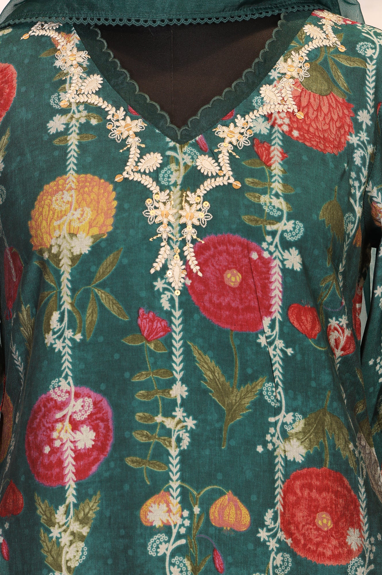 Green Floral Printed Straight Kurta with Flared Pants and Dupatta Set - Image 2