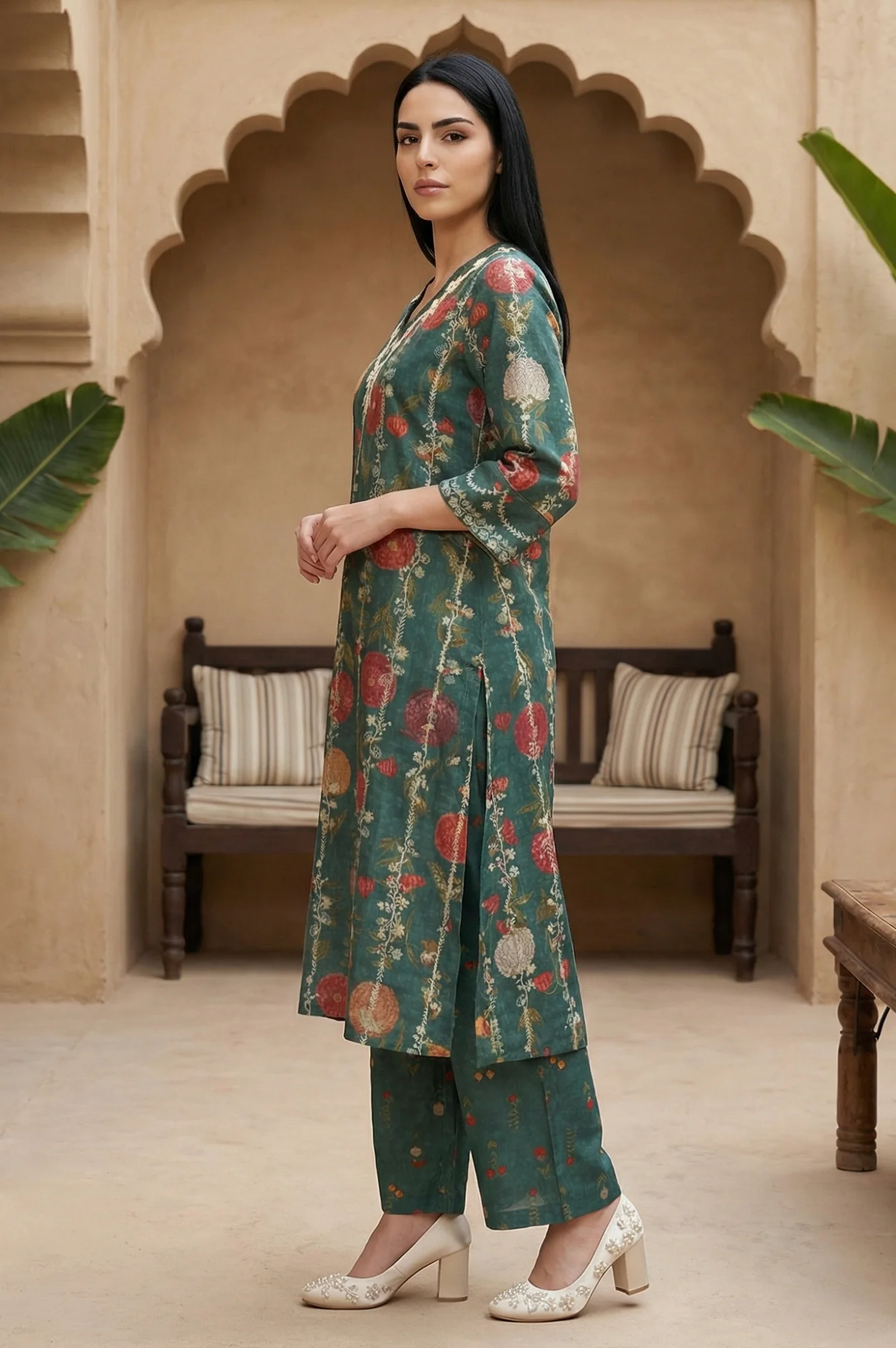 Green Floral Printed Straight Kurta with Flared Pants and Dupatta Set - Image 3