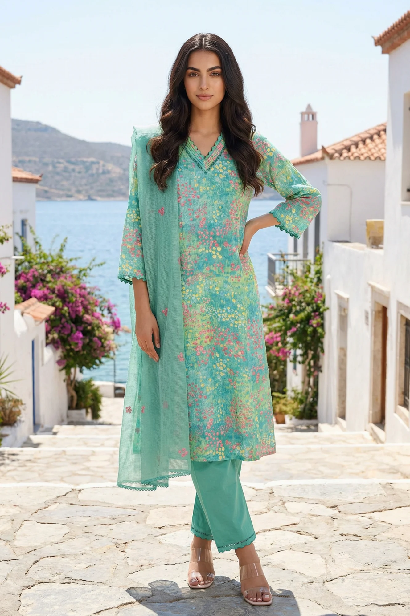 Green Floral Printed Straight Kurta with Pants and Dupatta Set - Image 2