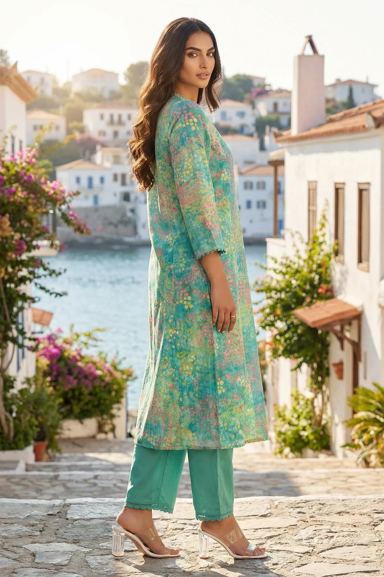 Green Floral Printed Straight Kurta with Pants and Dupatta Set - Image 5