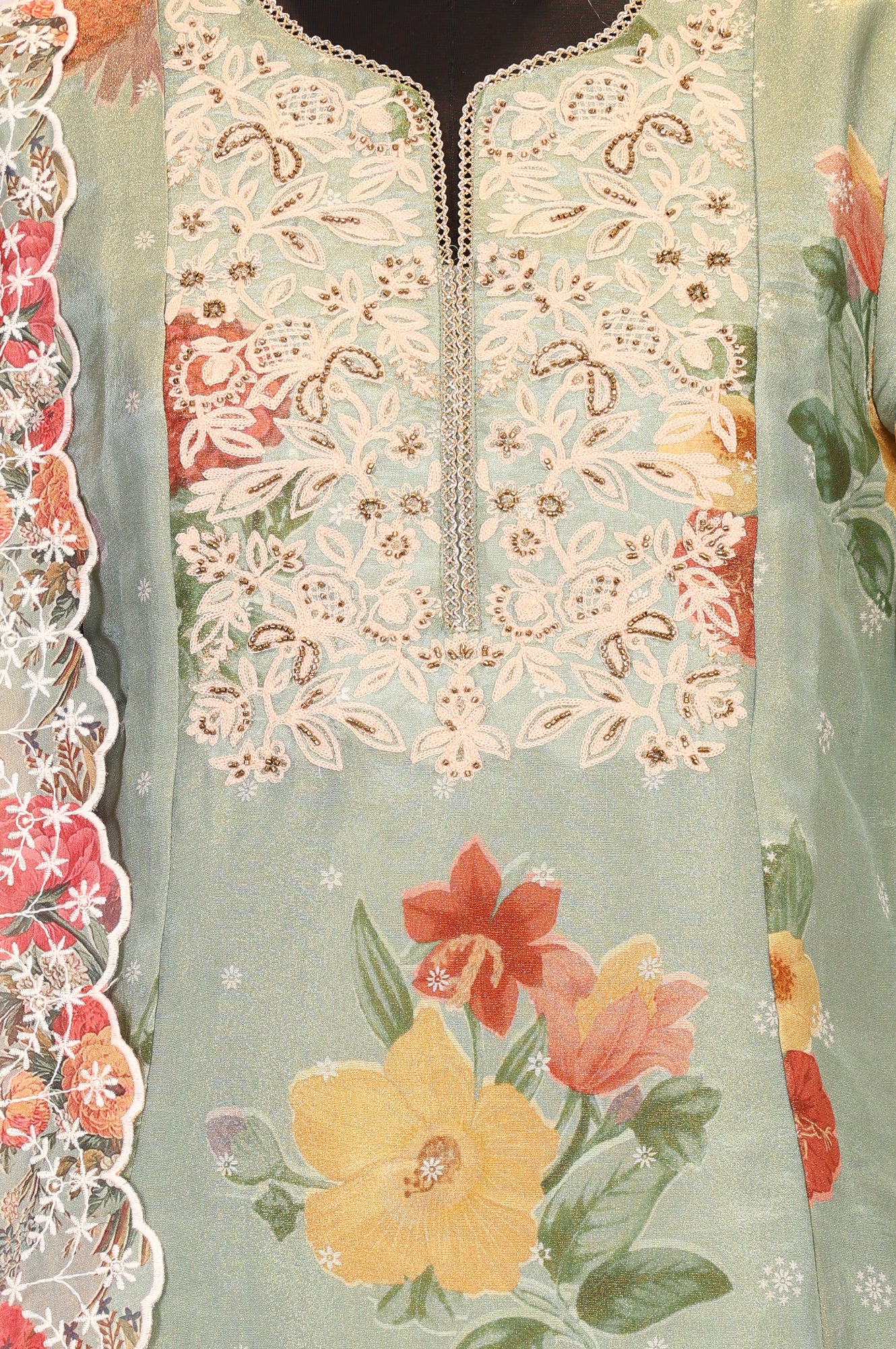 Green Floral Embroidered Straight Kurta with Pants and Dupatta Set - Image 2