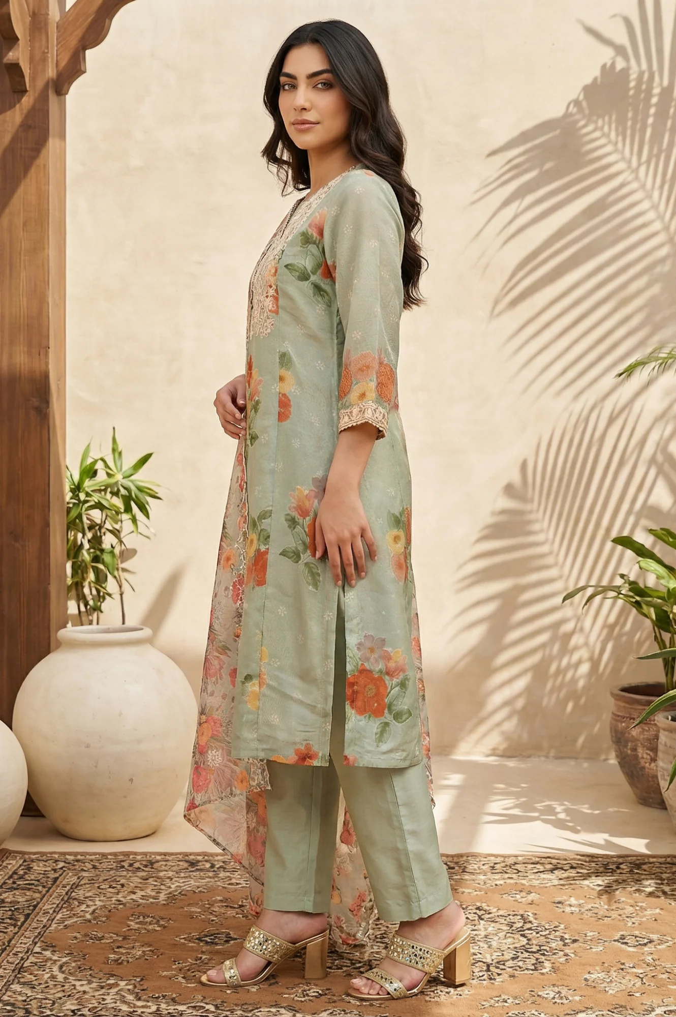 Green Floral Embroidered Straight Kurta with Pants and Dupatta Set - Image 3