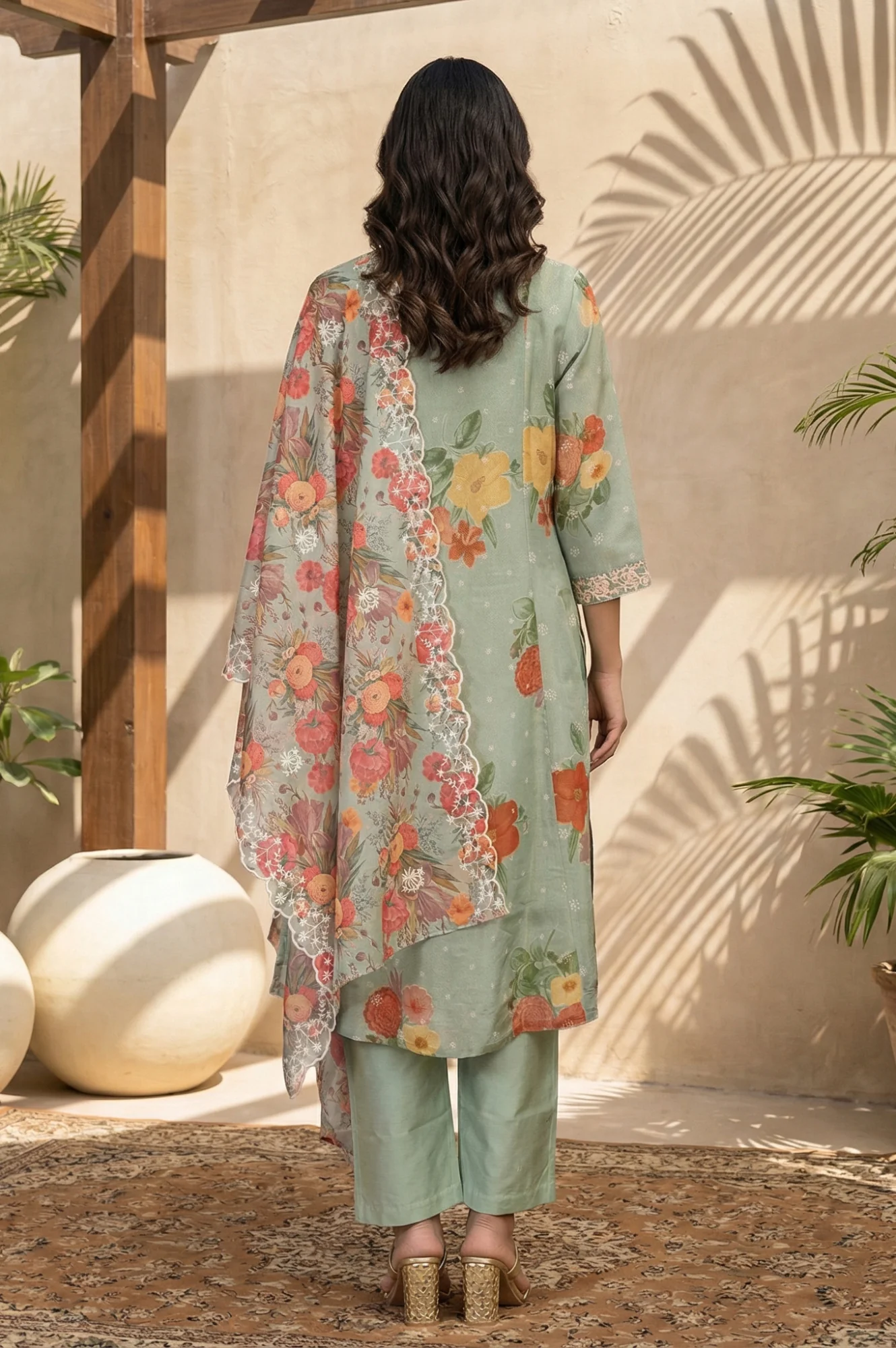 Green Floral Embroidered Straight Kurta with Pants and Dupatta Set - Image 4