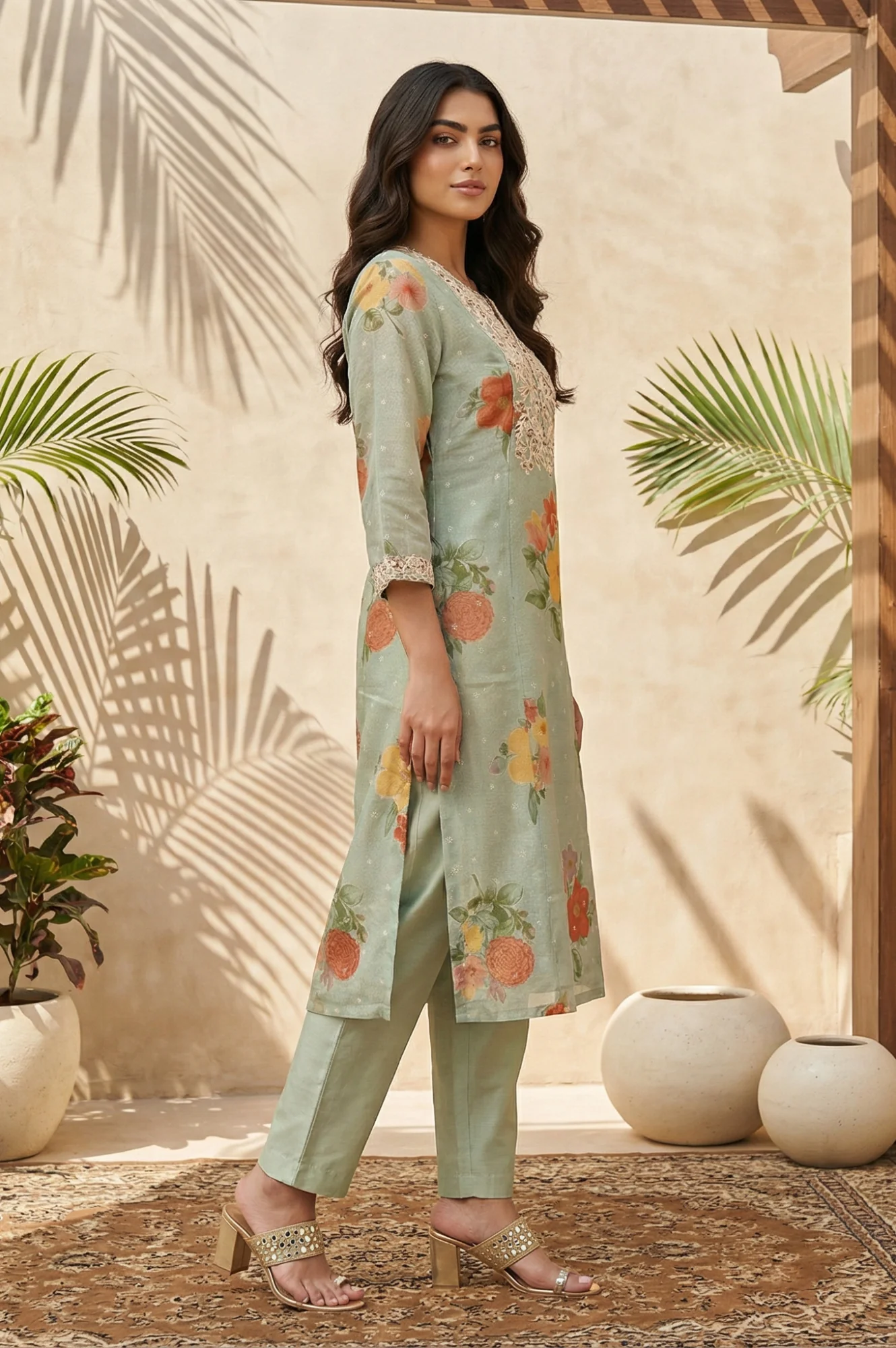 Green Floral Embroidered Straight Kurta with Pants and Dupatta Set - Image 5