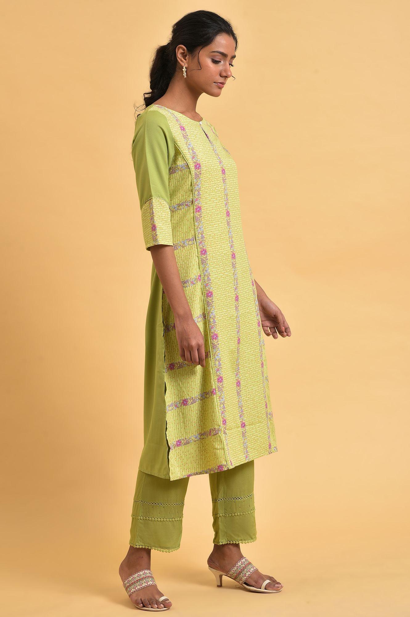 Green Floral Printed Straight Summer kurta - Image 4