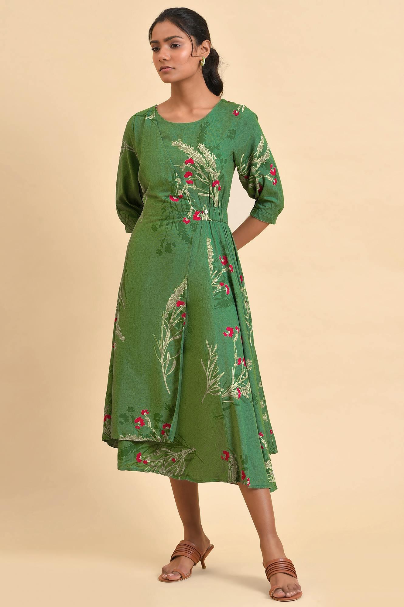 Green Floral Printed Western Plus Size Wrap Dress - Image 6