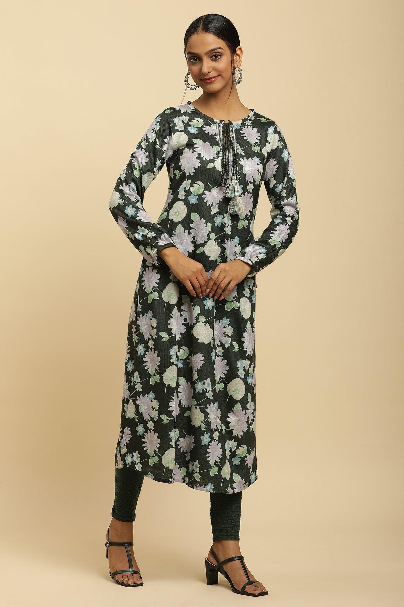 Green Floral Printed Winter Kurta And Tights Set - Image 5