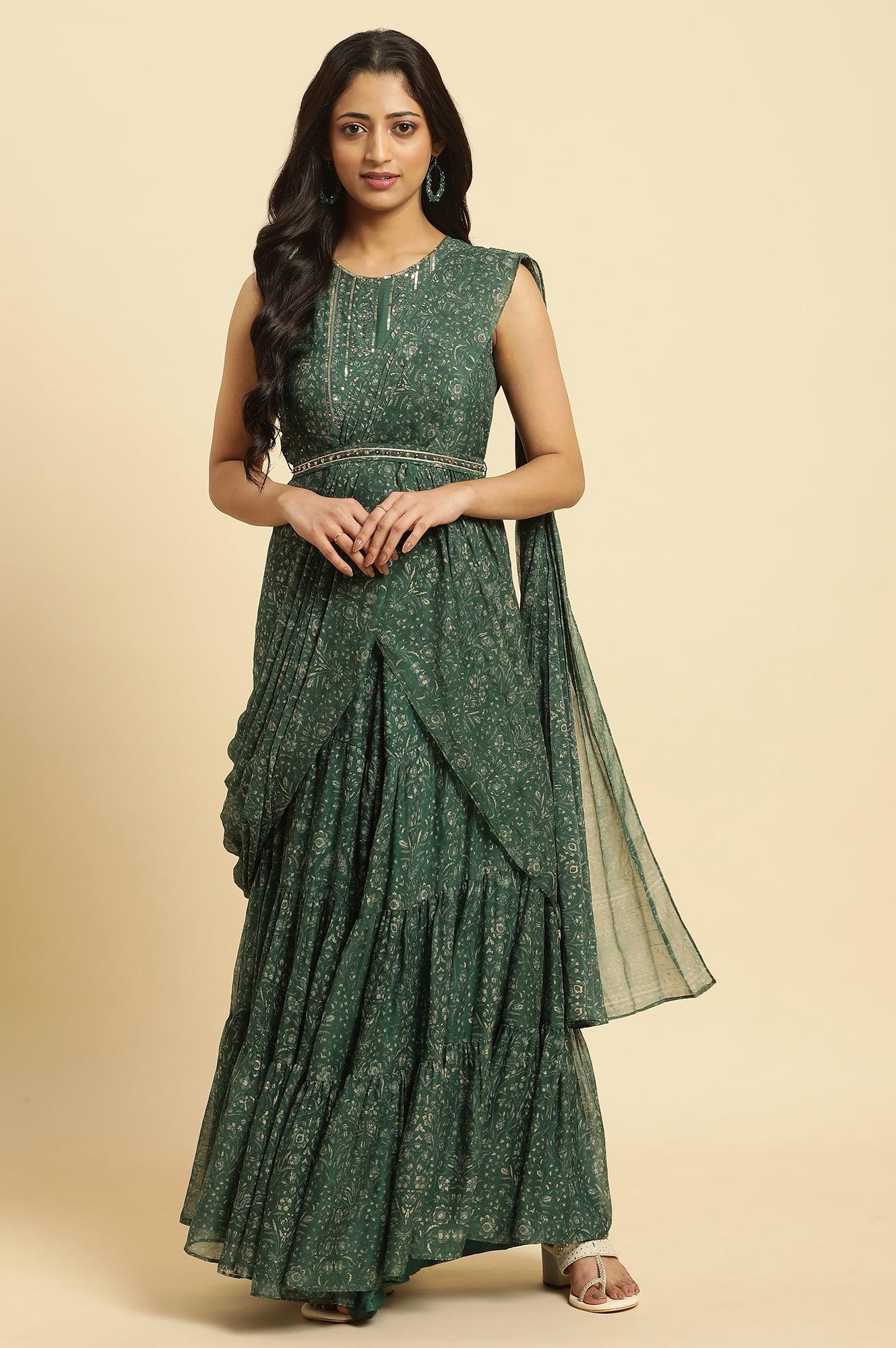 Green Foil‑Printed Chiffon Sharara Saree Dress with Belt - Image 2