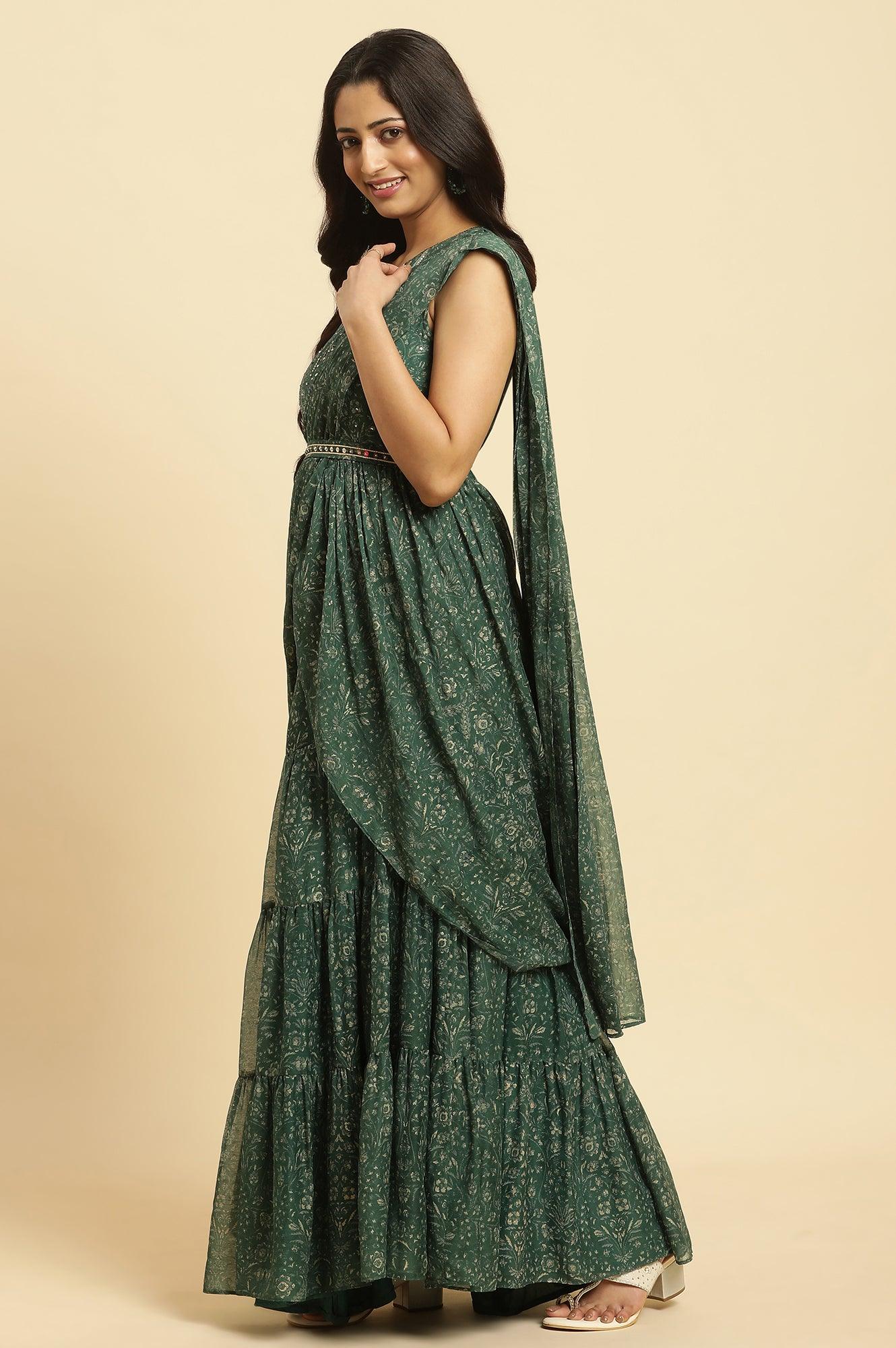 Green Foil‑Printed Chiffon Sharara Saree Dress with Belt - Image 3