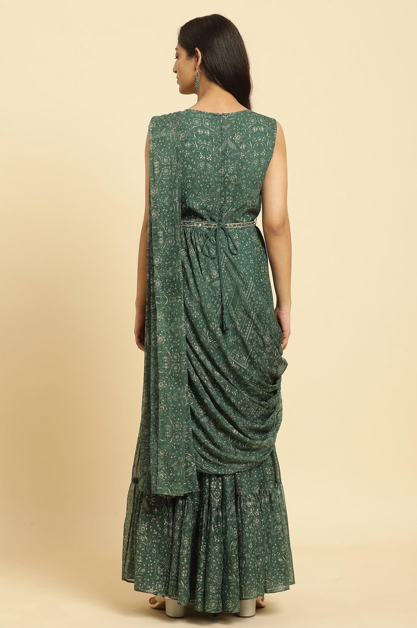 Green Foil‑Printed Chiffon Sharara Saree Dress with Belt - Image 4