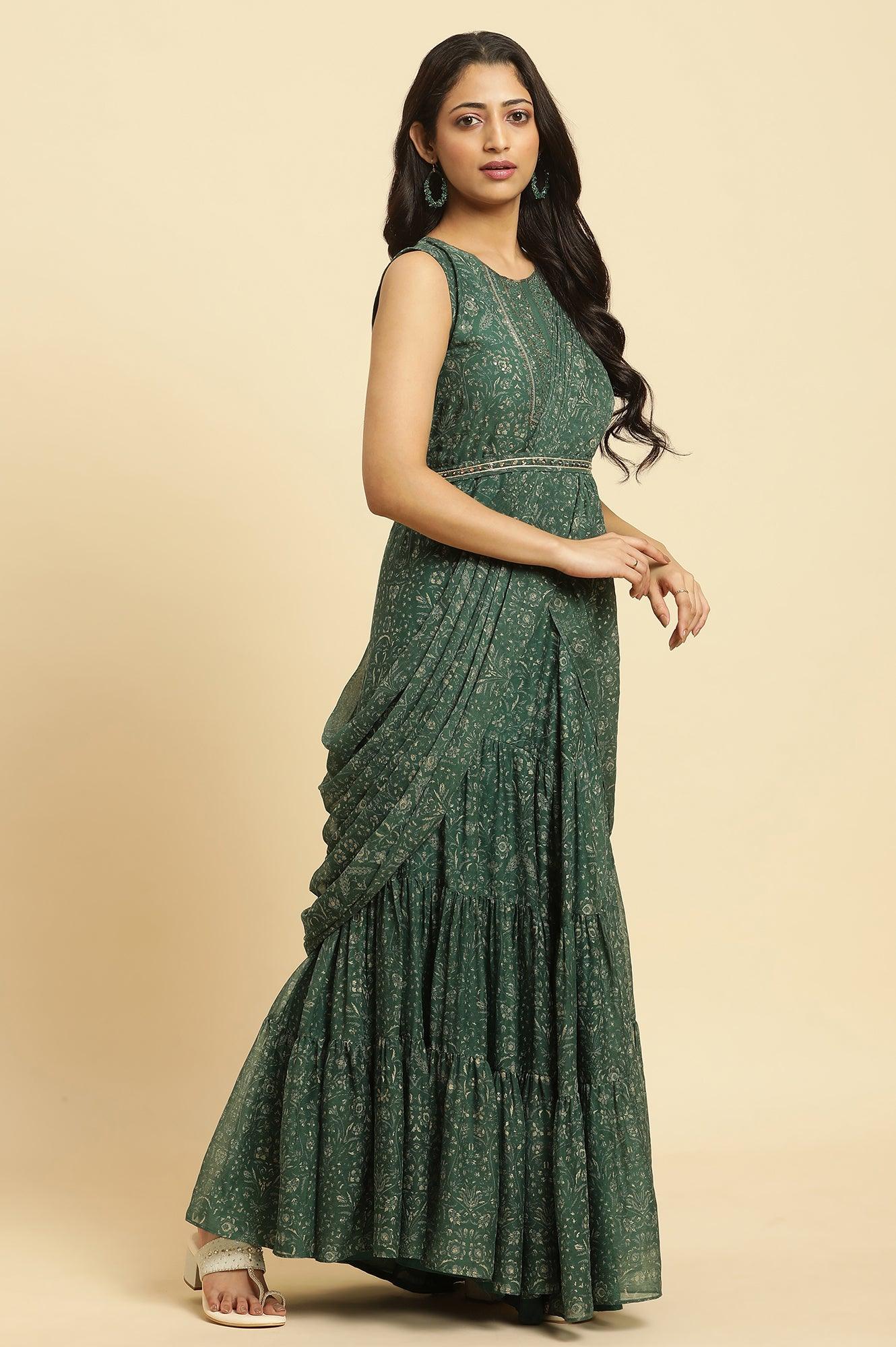 Green Foil‑Printed Chiffon Sharara Saree Dress with Belt - Image 5