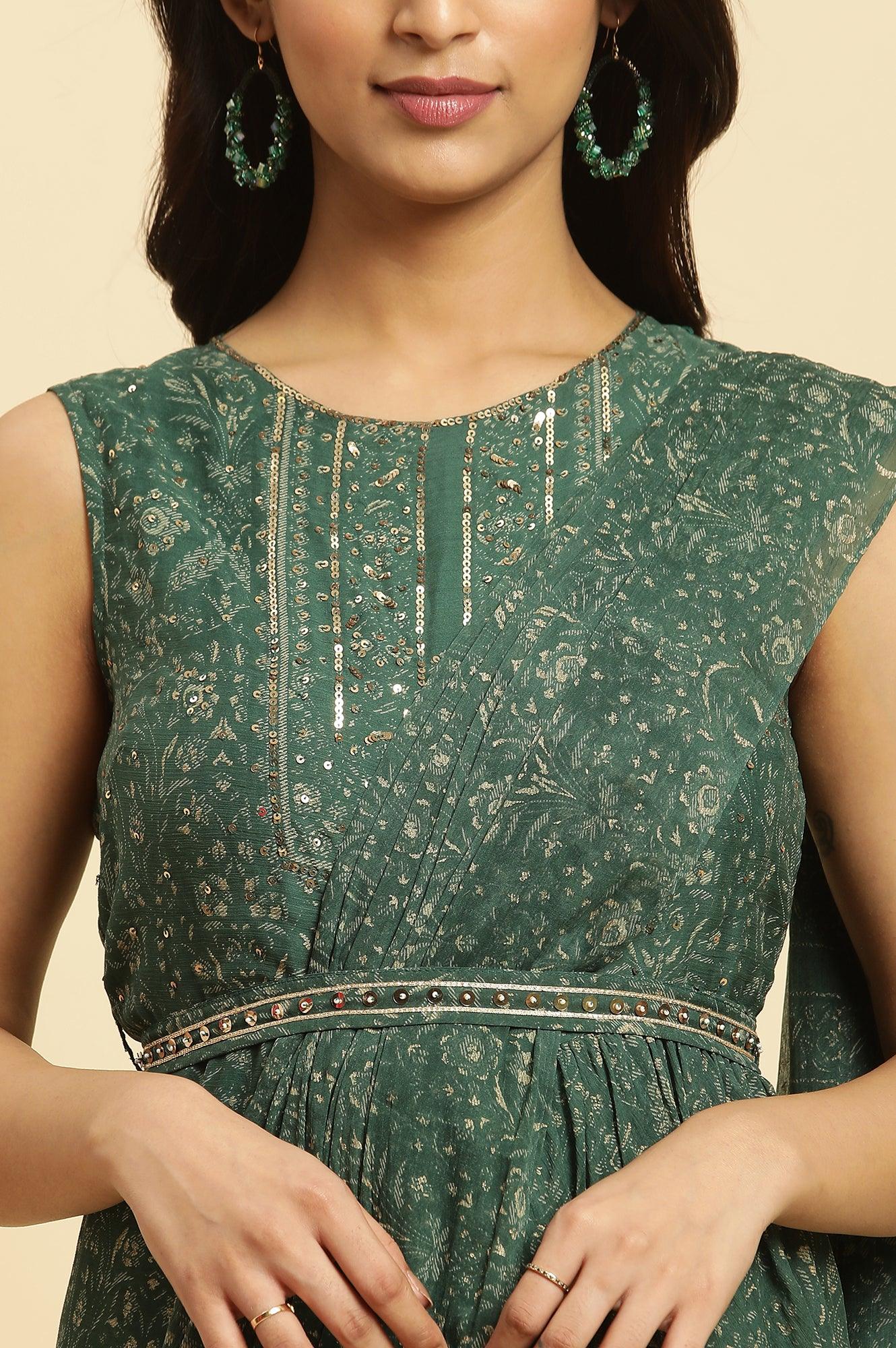 Green Foil‑Printed Chiffon Sharara Saree Dress with Belt - Image 6