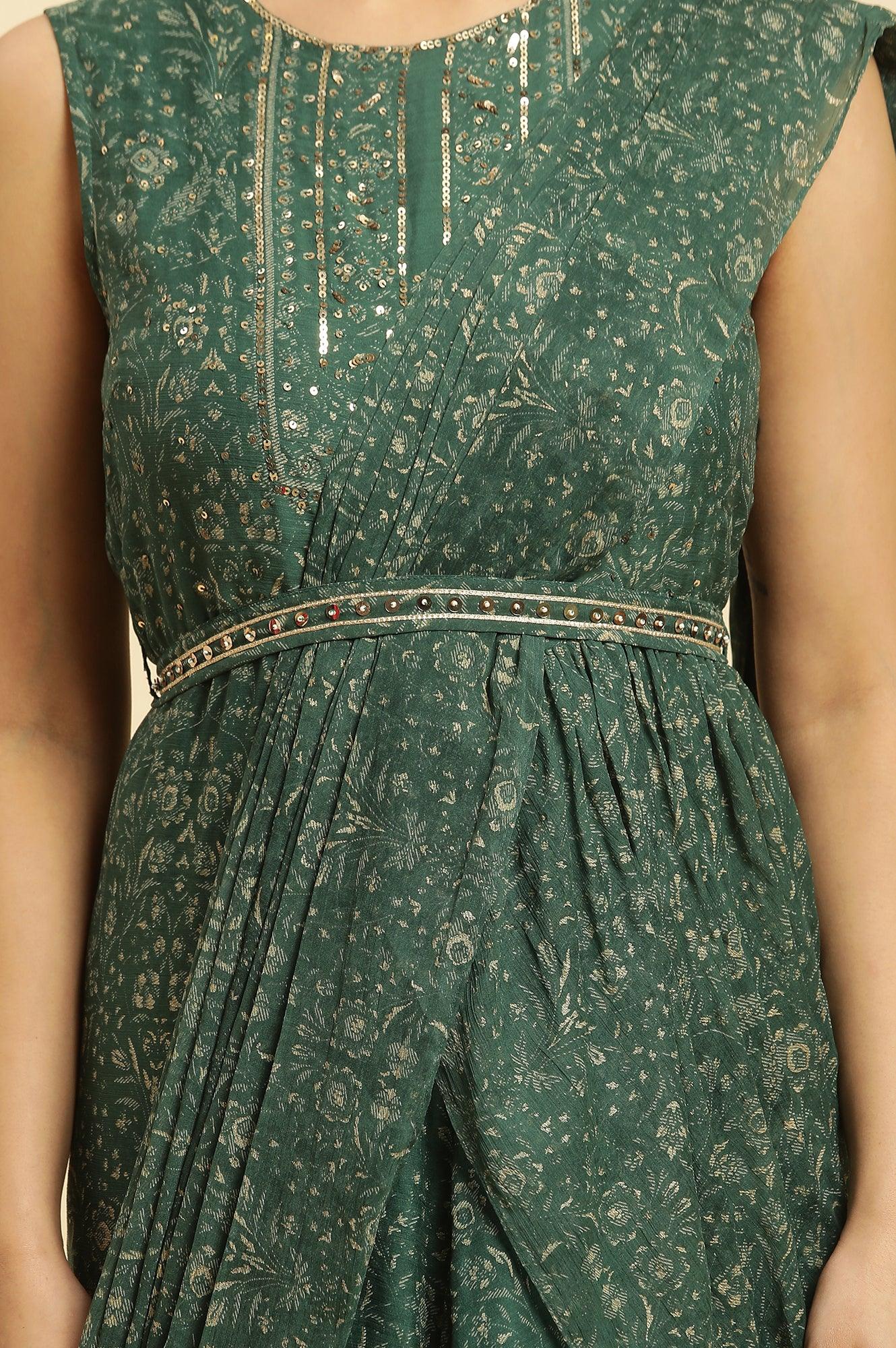 Green Foil‑Printed Chiffon Sharara Saree Dress with Belt - Image 7