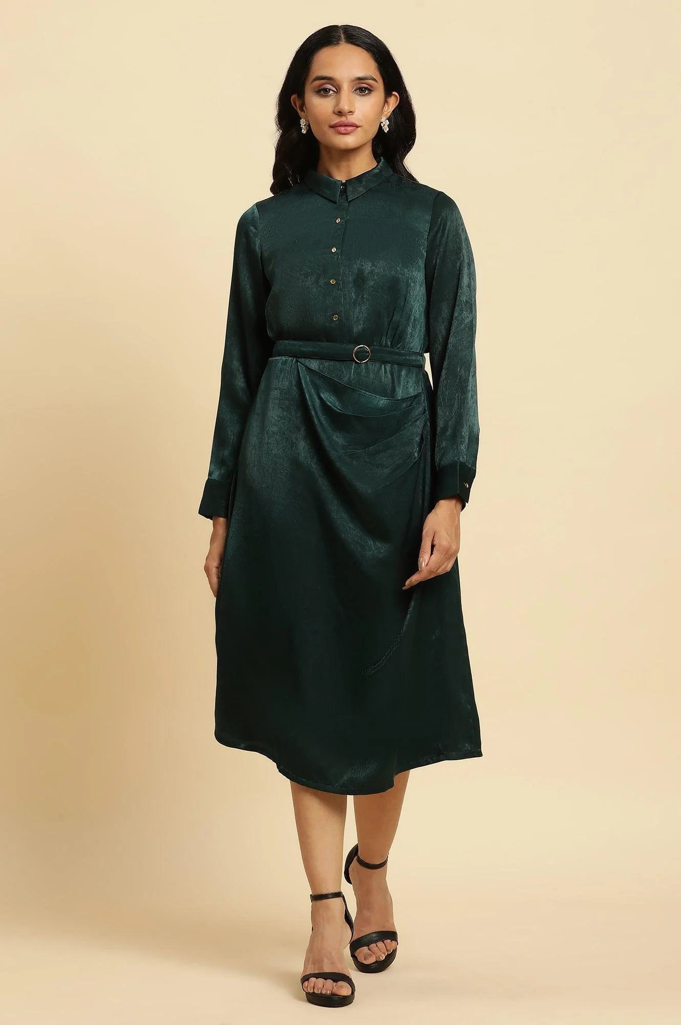 Green Solid Printed Mock Wrap Winter Dress - Image 2