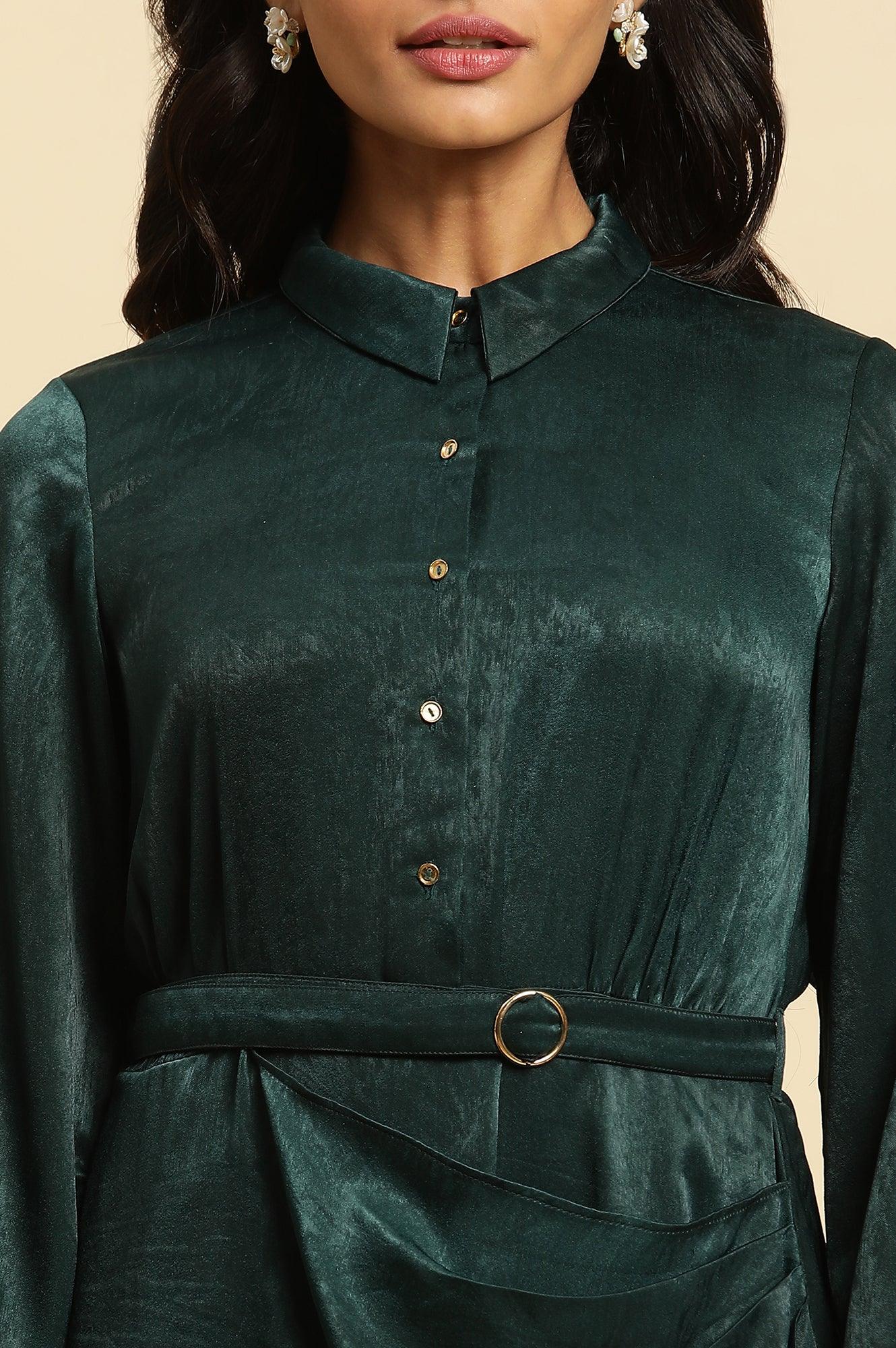 Green Solid Printed Mock Wrap Winter Dress - Image 6