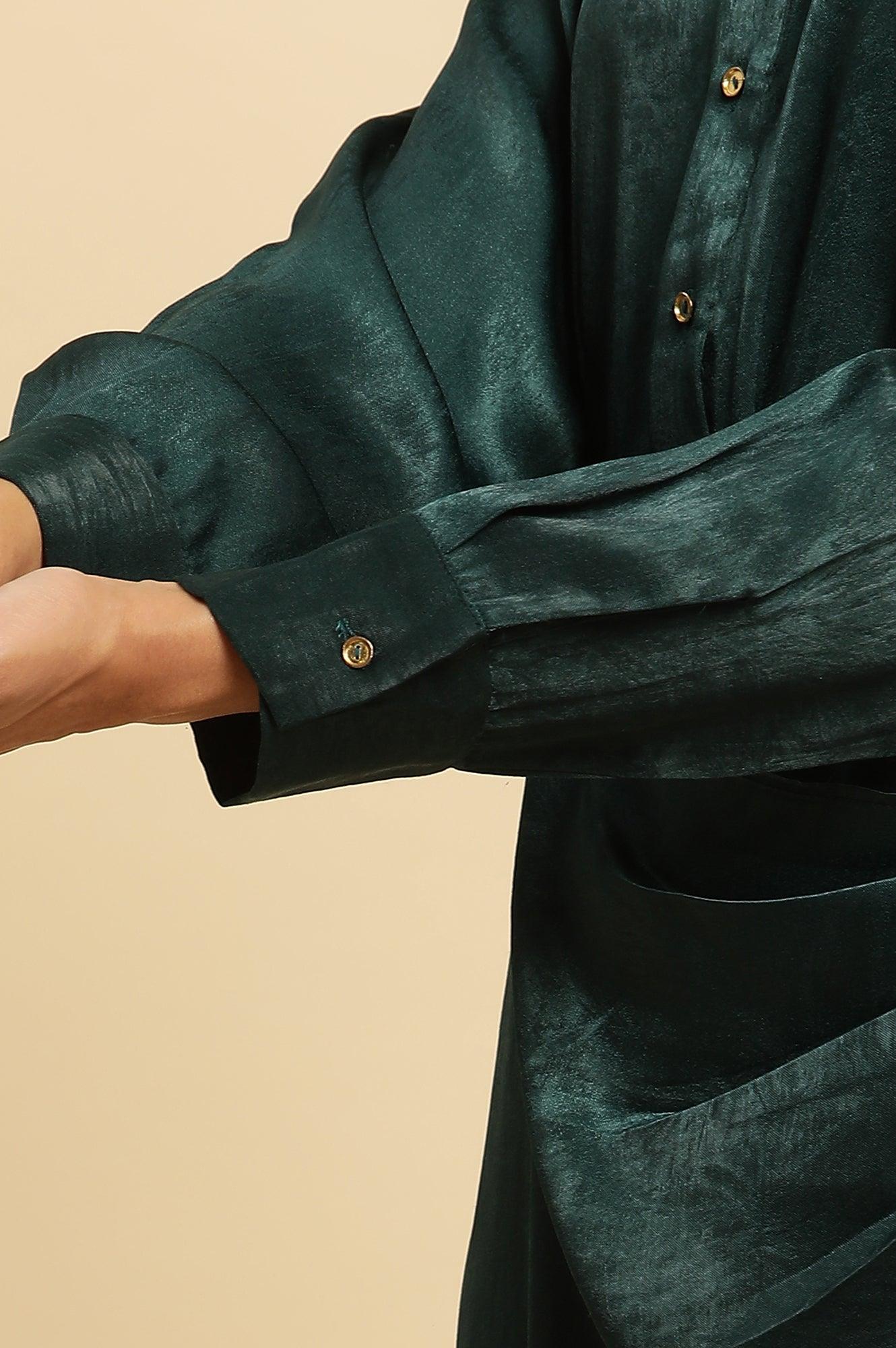Green Solid Printed Mock Wrap Winter Dress - Image 7